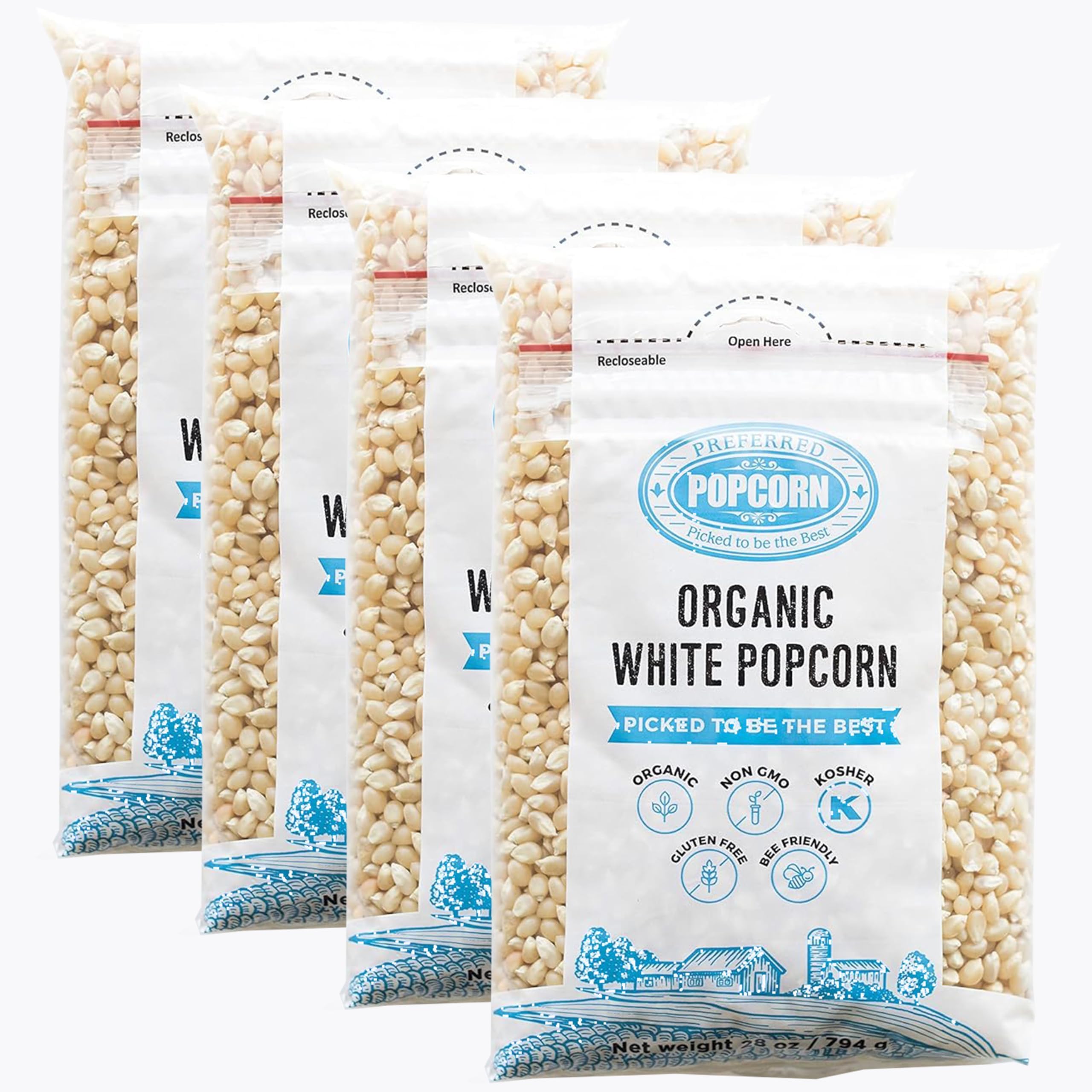 Organic White Popcorn, 28 Ounce Bag, Pack of 4, 30 Servings Per Bag
