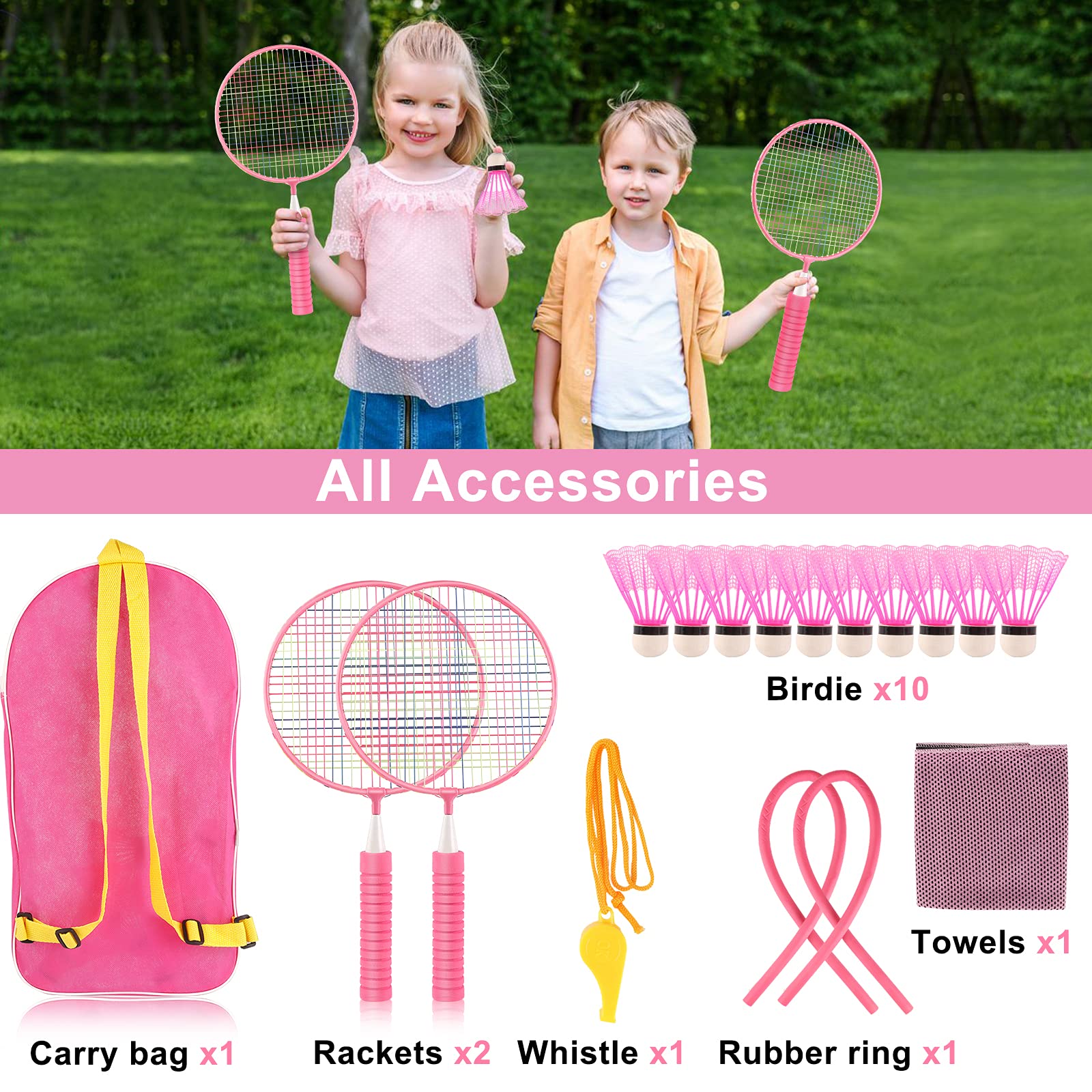 Set da badminton per bambini, resistente, set di racchette da badminton, per attività indoor e attività sportive all'aperto, inclusi 10 badminton e 2 racchette da badminton (rosa)