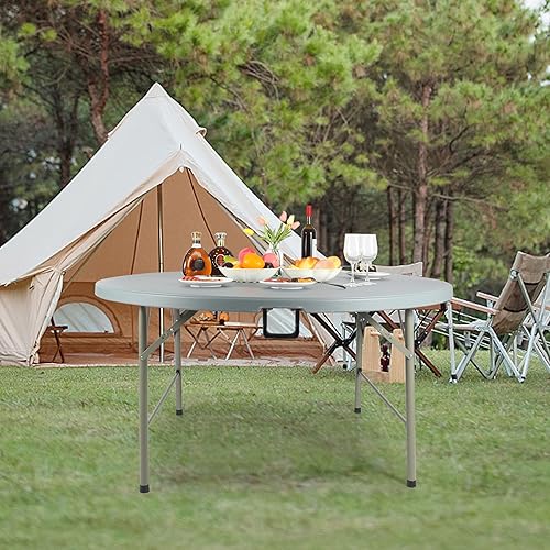 Miniatura 2 de REDCAMP Mesa plegable redonda, mesa de plástico biplegable de 5 pies con asa para fiestas de eventos en interiores y exteriores, color gris