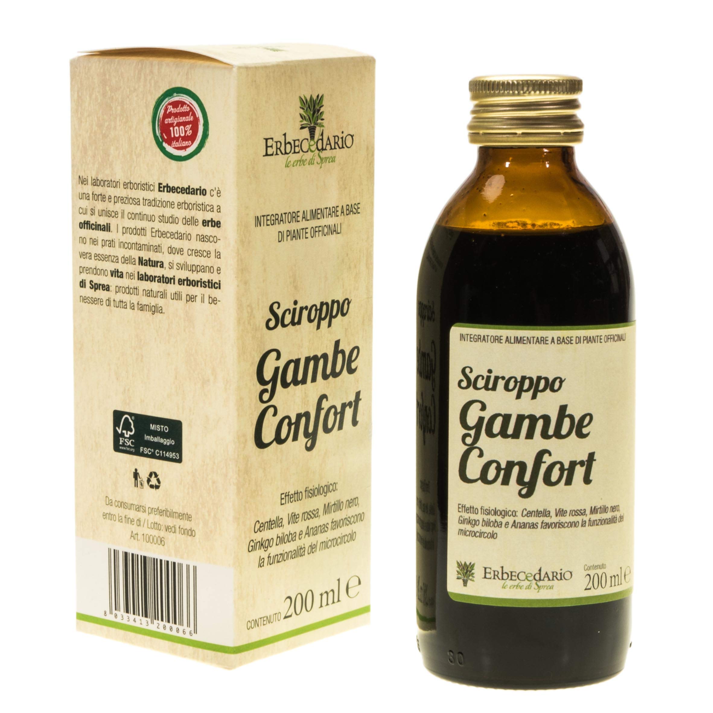 Sciroppo Gambe Confort con Vite rossa, Per Gambe gonfie e pesanti, Benessere della circolazione gambe, dei vasi sanguigni, e del microcircolo, Integratore circolazione gambe 1 Flacone Da 200ml