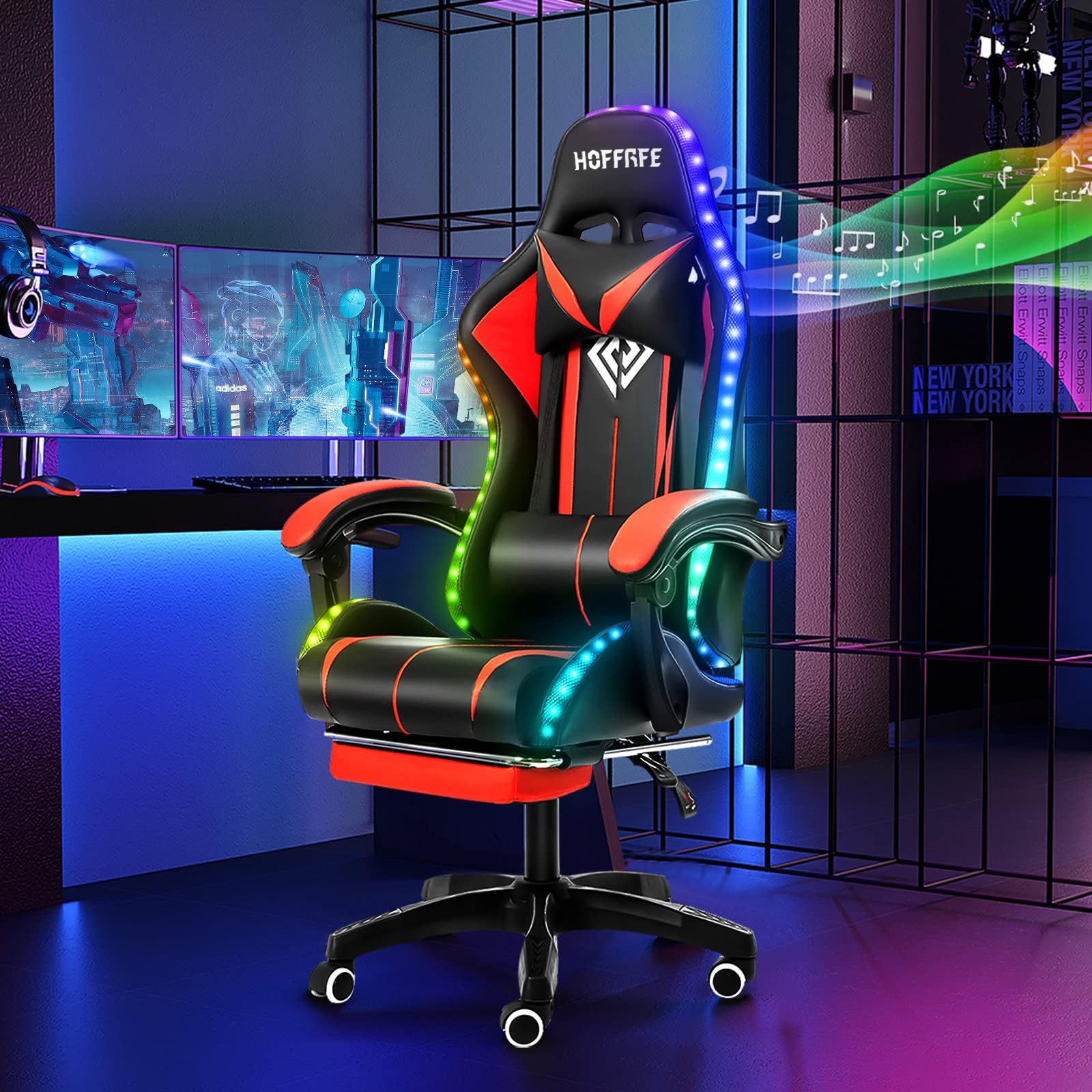 RGB Gaming Chair with Speakers Massage Computer Gaming Chair with LED Lights and Footrest High Back Video Game Chair for Adults Red and Black