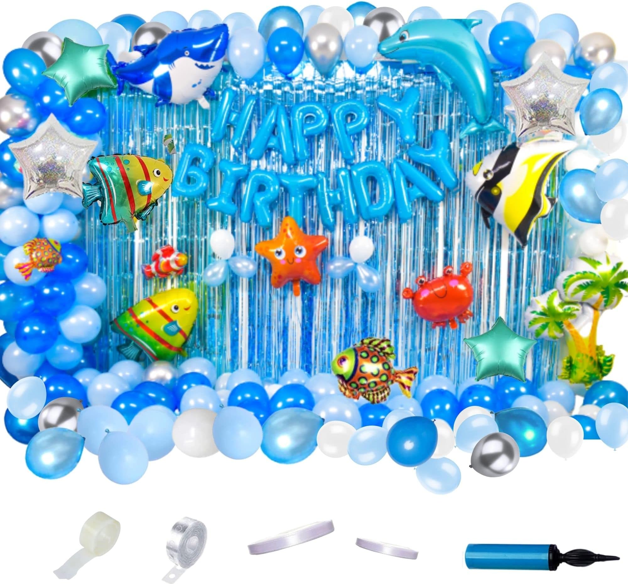SEVENDOT7 Birthday Party Decorations theme supplies with Happy Birthday Banner foil balloon cake topper for girls, women, boys and men (Ocean Theme)