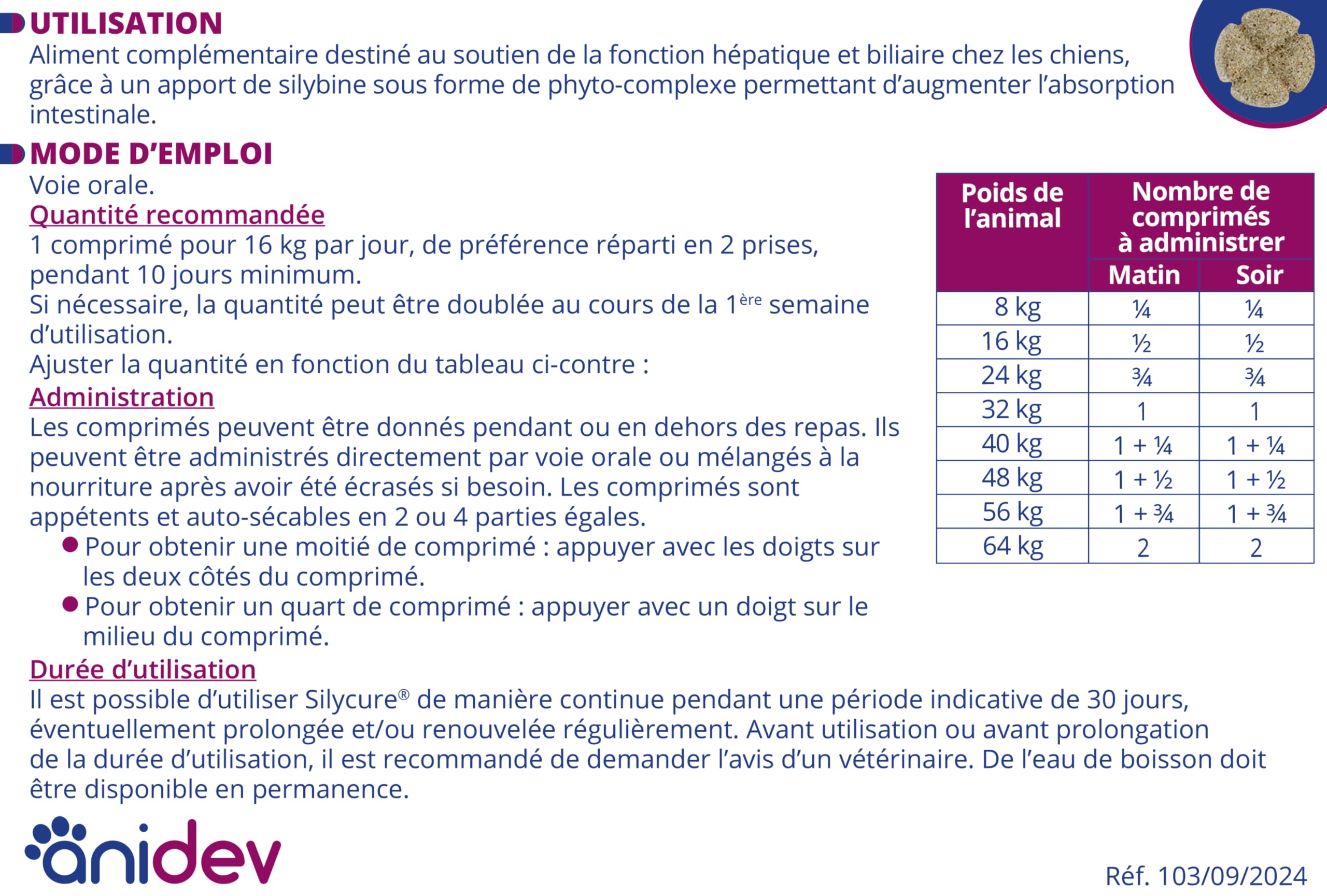 ANIDEV Silycure 160 - Aliment complémentaire Soutien Fonction hépatique Chien - Silybine Chardon Marie - Comprimés appétents quadrisécables - 75 comprimés
