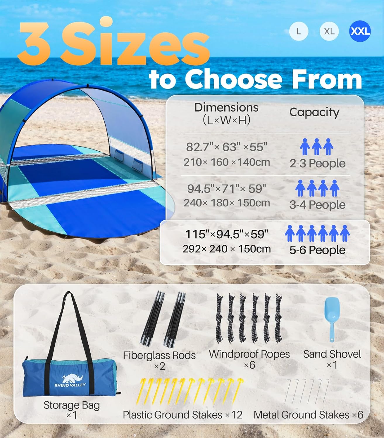 Rhino Valley Beach Tent with Double Zippered Doors, Beach Tent Sun Shelter with UPF50+ UV Protection, Beach Canopy Portable Storage Bag for Beach Camping Fishing, for 5-6 People