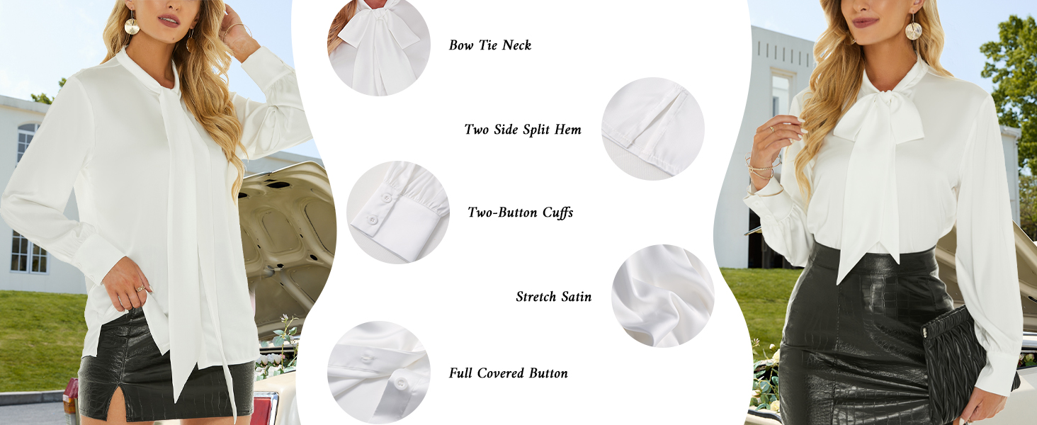 Amazon.com: Women's Satin Blouse Long Sleeve Bow Tie Neck Button