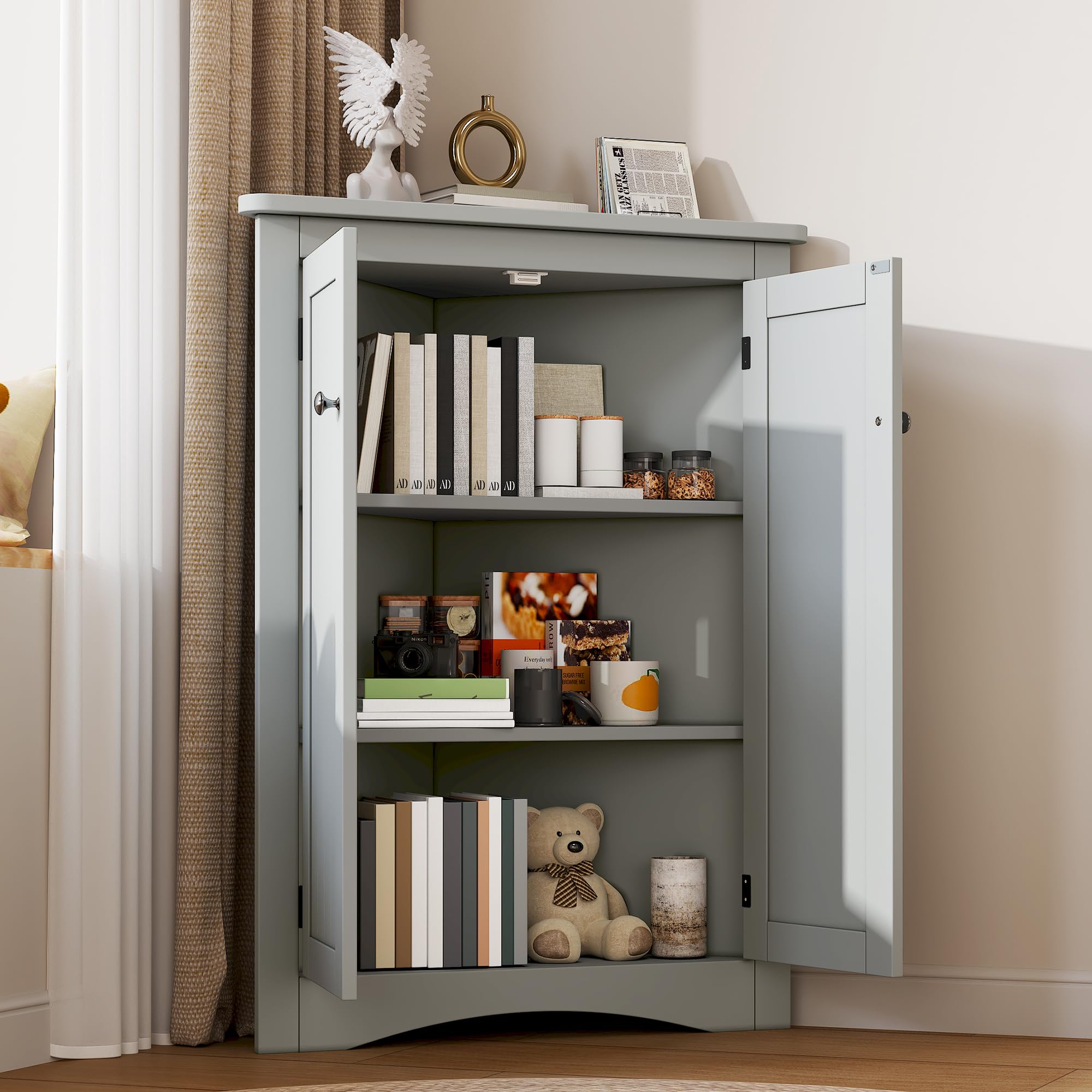 Armadio angolare grigio autoportante, 2 ante, triangolare, 3 ripiani, pannello in MDF, superficie verniciata, salvaspazio, bagno, cucina, soggiorno, 61,5 x 80 cm