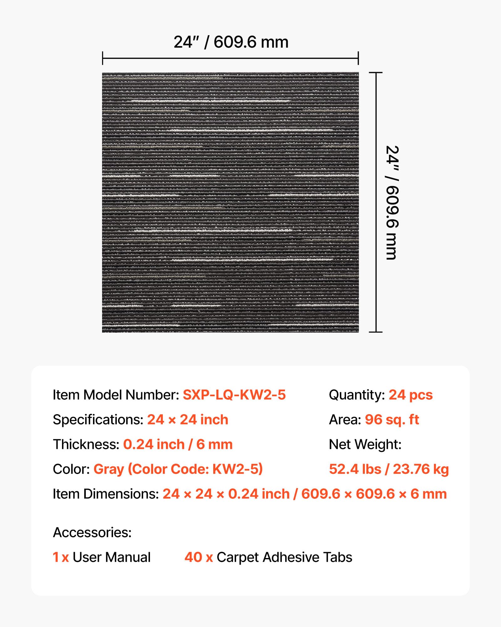 VEVOR Teppichfliesen 609,6 x 609,6 x 6 mm, 24er-Pack, modularer Teppichboden mit Fläche von 9 m², Teppich Bodenbelag, wiederverwendbar, einfacher DIY-Austausch für Wohnzimmer und Büro, Grau