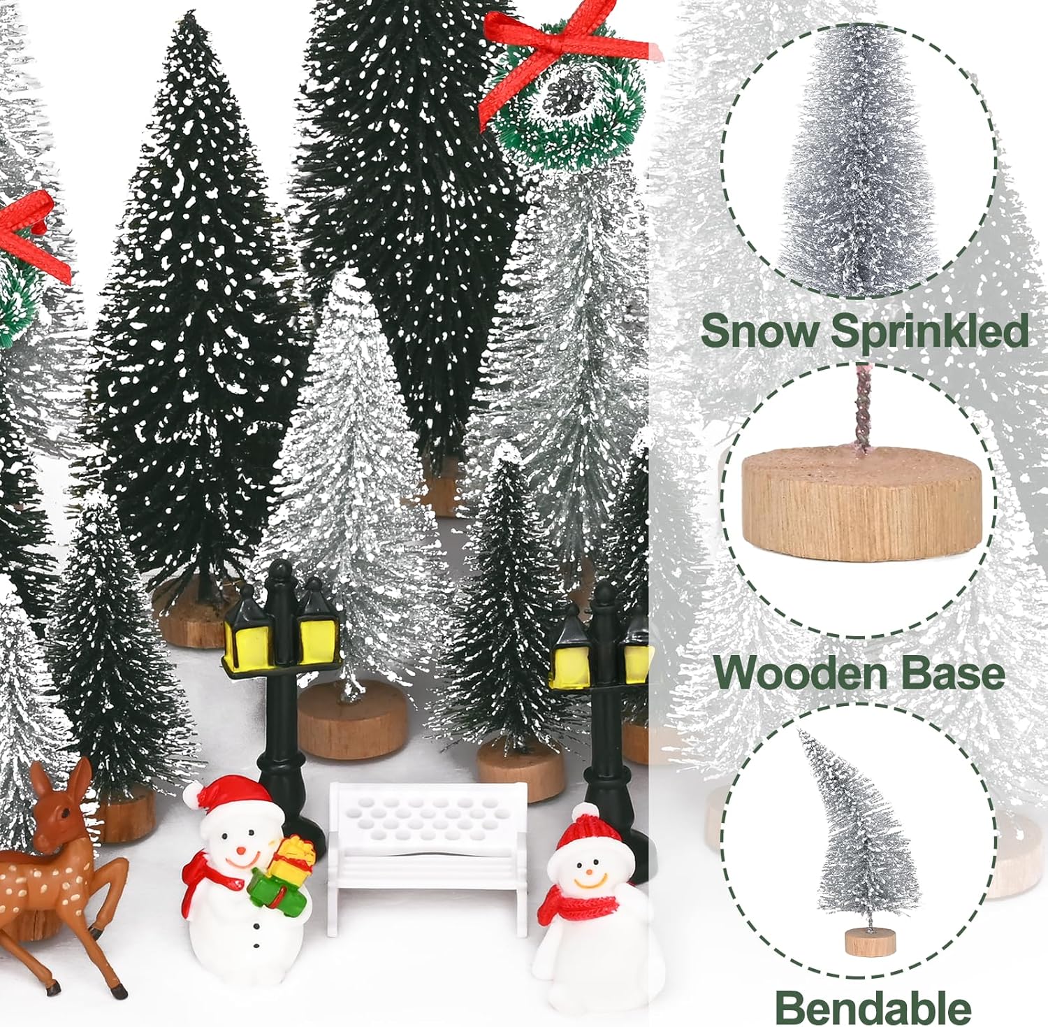 Waipfaru Christmas Village Accessories, 30 Pcs Christmas Village Display Platforms with Snowman, Mini Bottle Brush Christmas Trees, Miniature Small Pine Trees for Xmas Table Winter Decor - Image 3