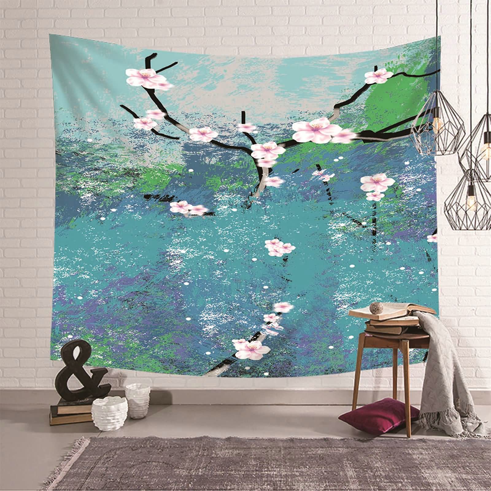 Tapiz de pared KnSam de poliéster resistente, diseño floral en azul, verde y rosa de 150x130cm