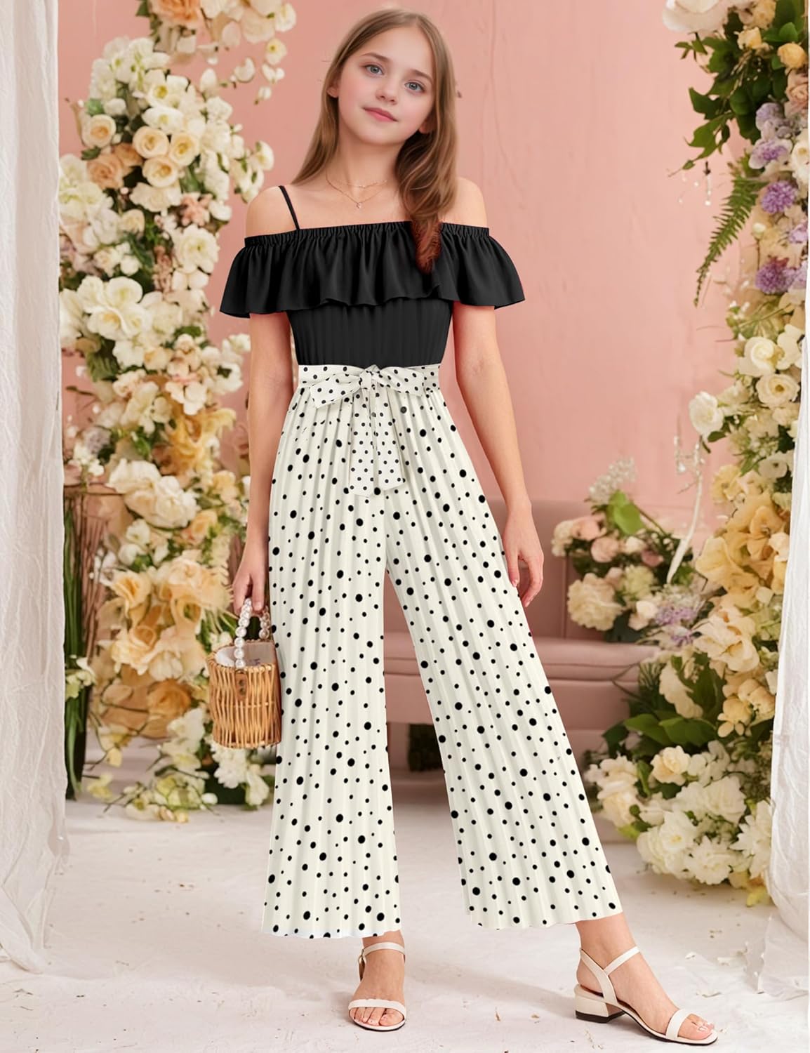 oklady Girls' Jumpsuits Belted Ruffle Top High-waisted Wide Leg Pleated Pants One Piece Outfit 6-14 Y - Image 3