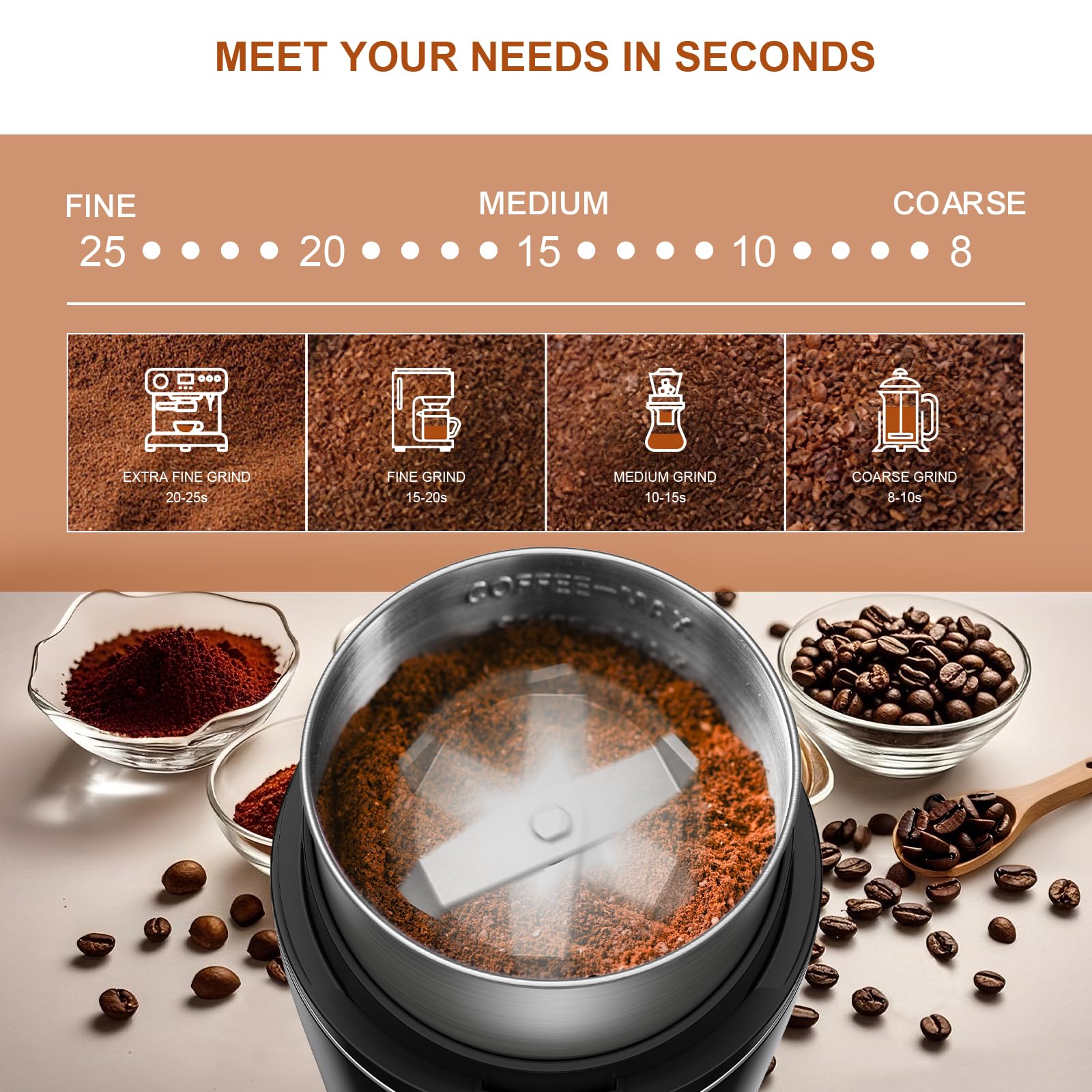 Macina caffe' elettrico, Macina semi lino e chia per cucina 300W, camera rimovibile in acciaio inox, fino a 12 tazze, facile per fagioli di caffè, spezie, erbe aromatiche, semi di lino (argento)
