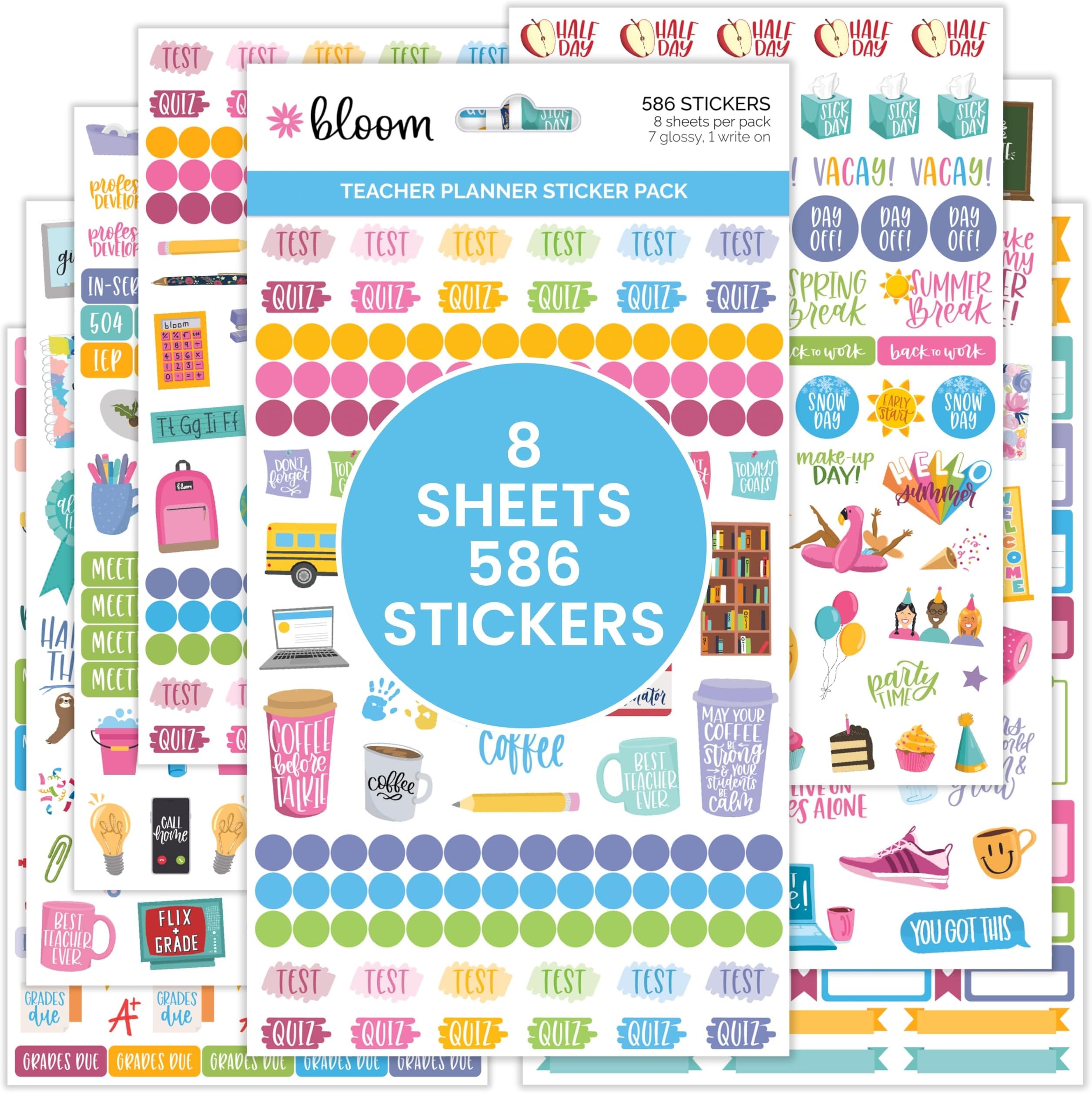 bloom daily planners New Teacher Planner Sticker Pack - School Themed Planning Sticker Sheets for Educators, Homeschoolers, etc.- 8 Sheets/586 Stickers per Pack!