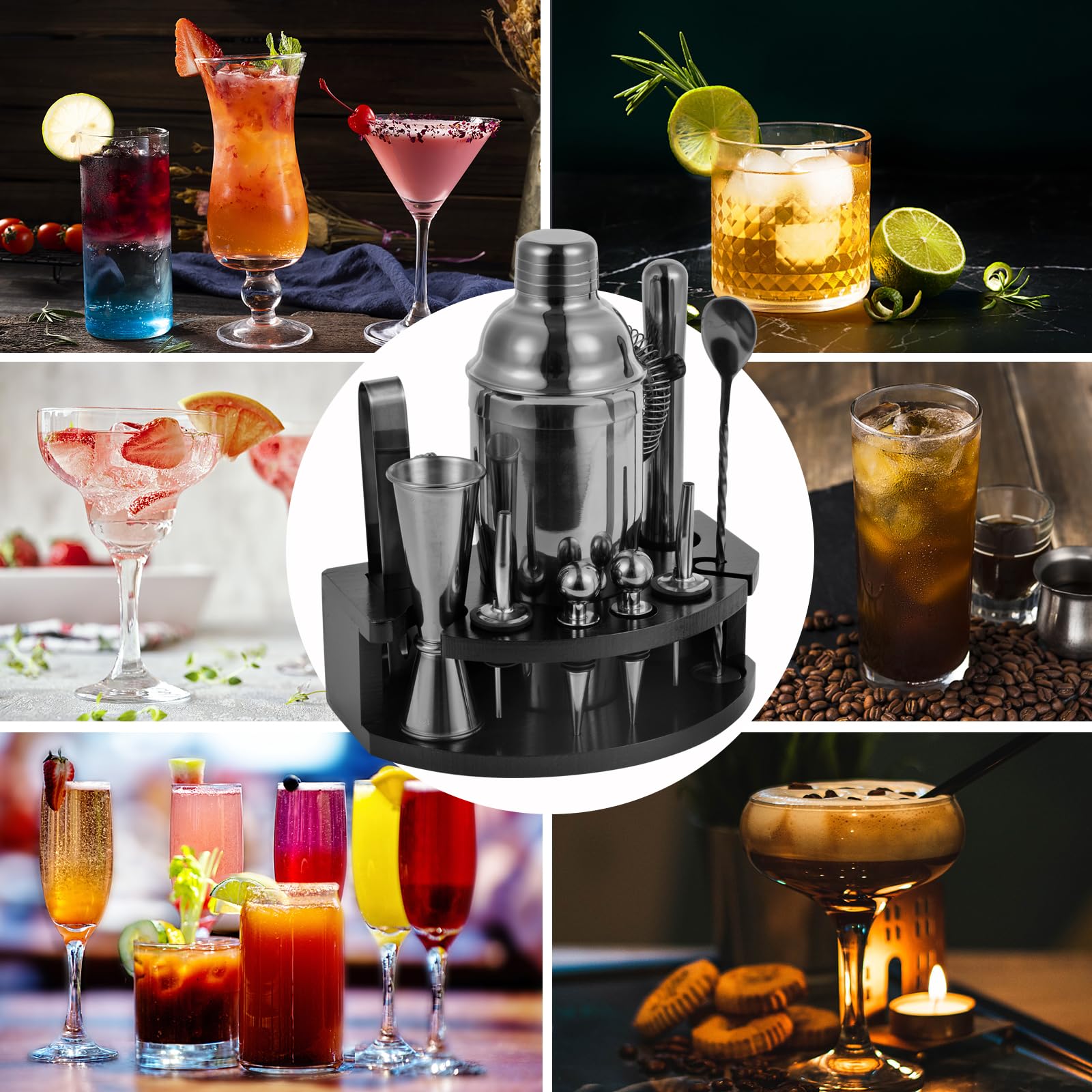 Safring Kit de barman con soporte, juego de bar de 12 piezas | Juego de coctelera de 24 onzas para mezclar bebidas, juego de coctelera de Martini con herramientas de bar, folleto de recetas |