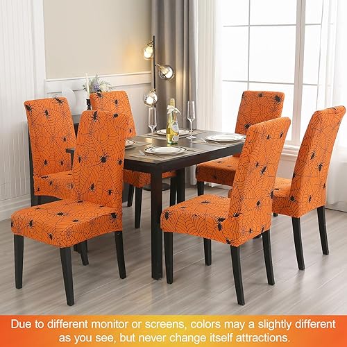 Miniatura 2 de JQinHome Juego de 6 fundas para sillas de comedor naranja para Halloween, tela de araña, alta elasticidad, lavables, para comedor, cocina, fiesta en