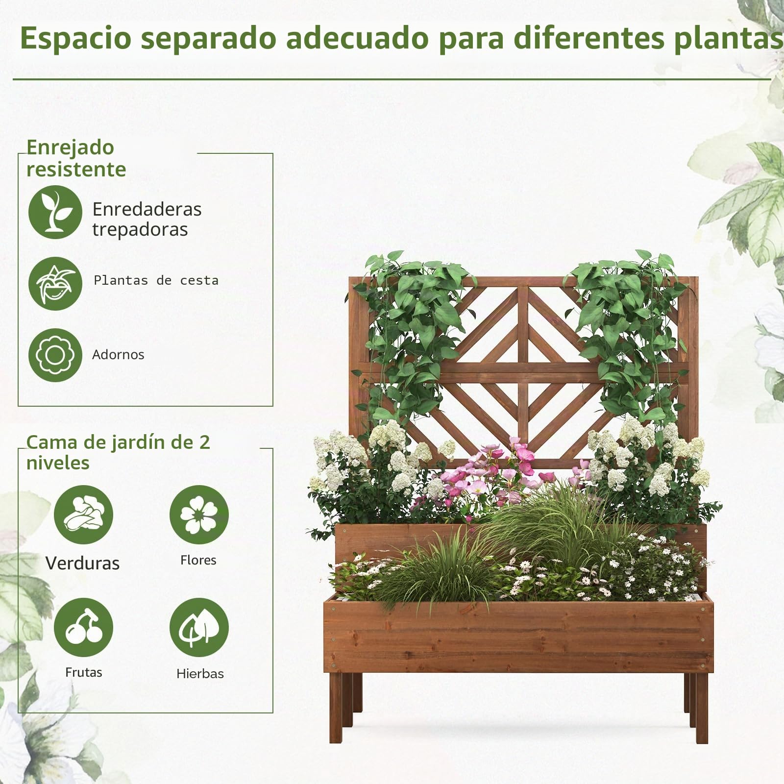 GOPLUS Cama Elevada de Jardín con Enrejado, Jardinera Exterior para Plantas Trepadoras de 2 Niveles, Enrejado de Jardín con Orificio de Drenaje, Huerto para Flores para Terraza Patio Balcón (Marrón)