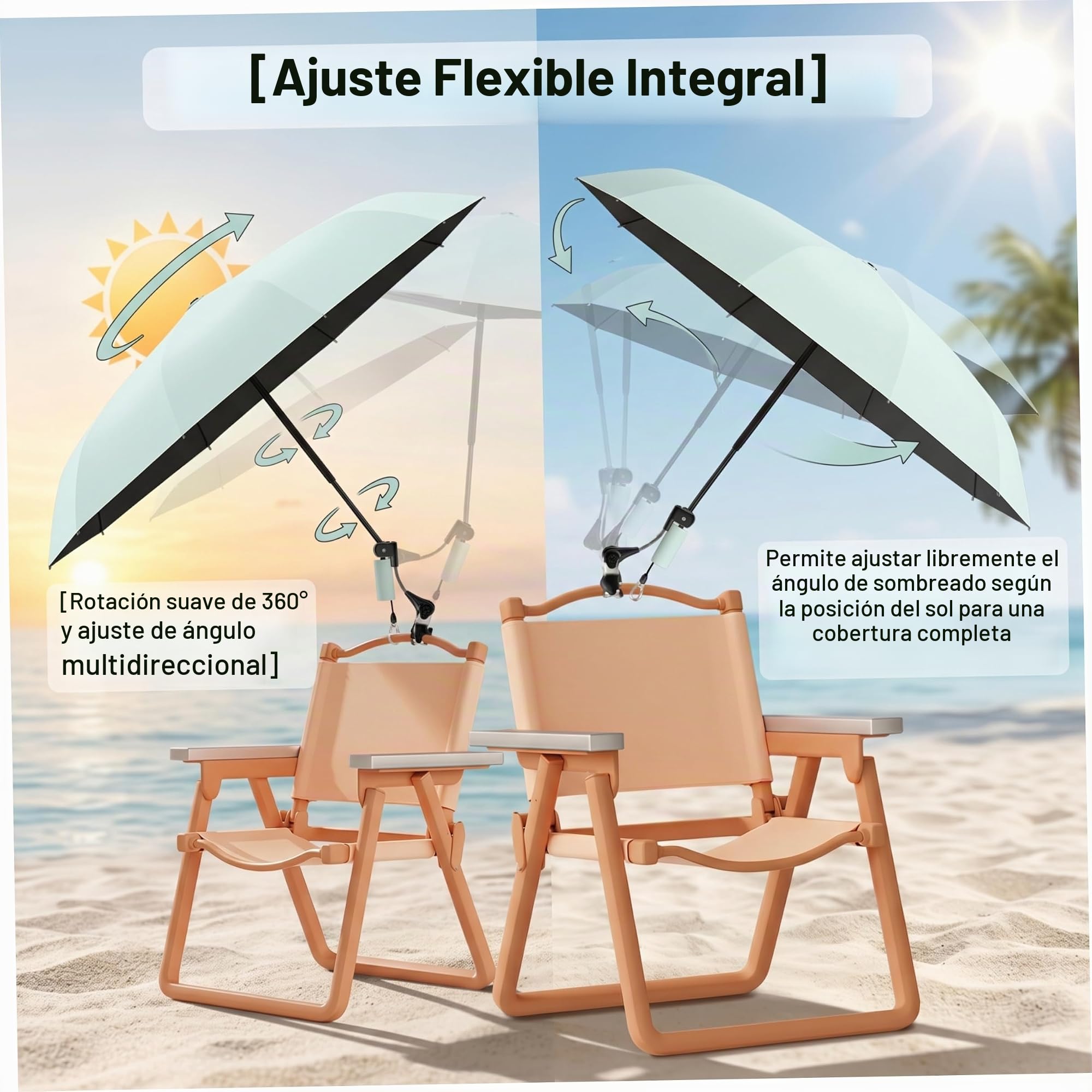 Sombrilla para Silla con Abrazadera Ajustable, Parasol con Clip para sillas Plegables de Playa y Pesca al Aire Libre, 25 Pulgadas, 10 Varillas, Verde Menta