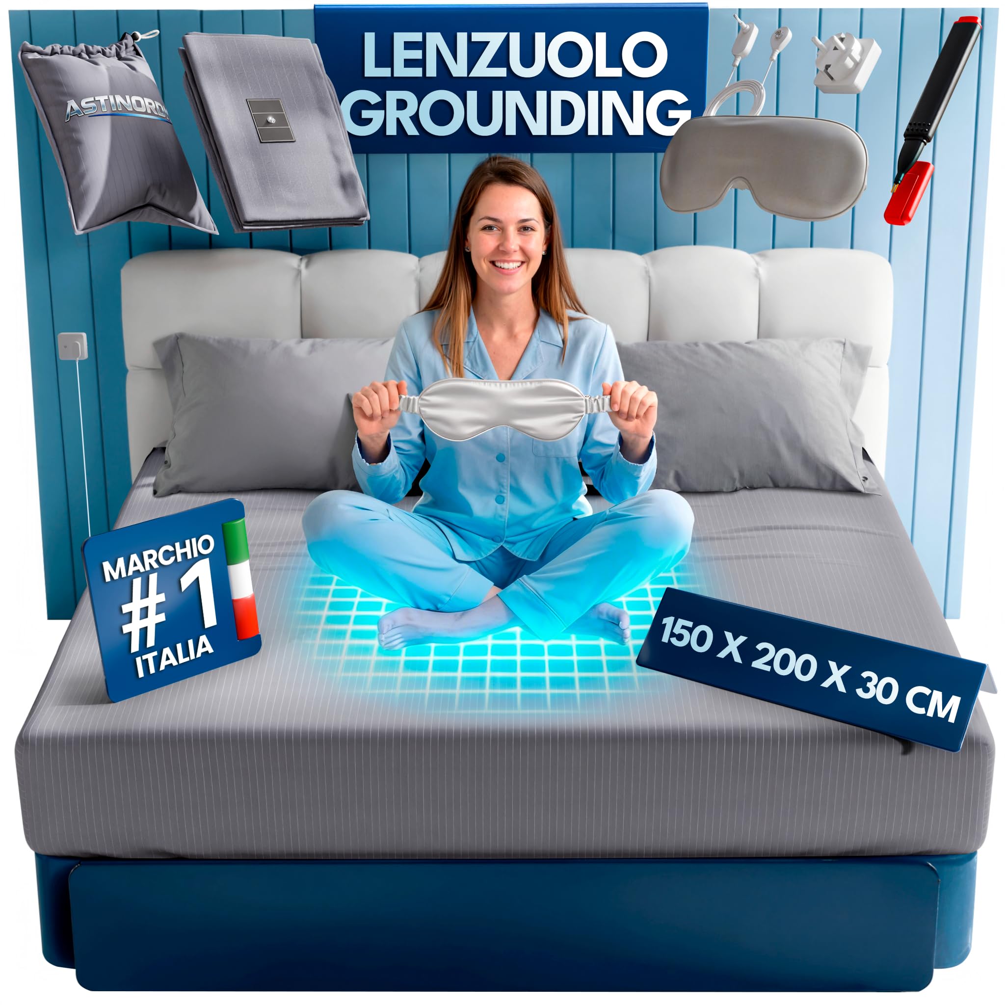 Lenzuolo Grounding Regolabile 10% Argento 90% Cotone | Grounding Messa a Terra + Cavo + Tester + Mascherina |Earthing Sheet (Grigio, Letto matrimoniale 150x200x30)