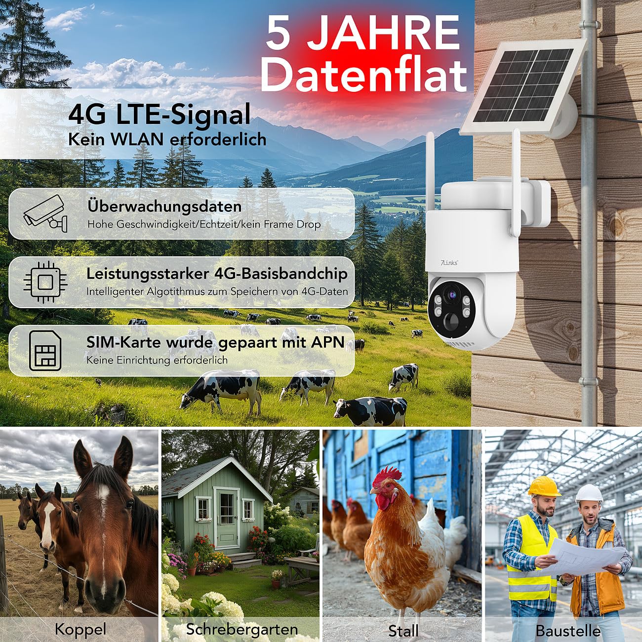 7links Überwachungskamera: 4G/LTE-Akku-Außenkamera mit eSIM & 5 Jahren Datenflat, 2K, Solarpanel (Überwachungskamera SIM, LTE Kamera eSIM, Flat)