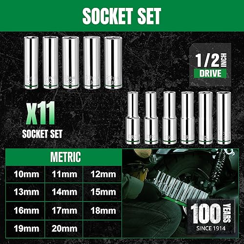 Miniatura 3 de SK Juego de llaves de 12 pulgada, dados métricos profundos, 11 piezas de 10-20 mm, acabado SuperKrome, construcción premium CR-V, con organizador de