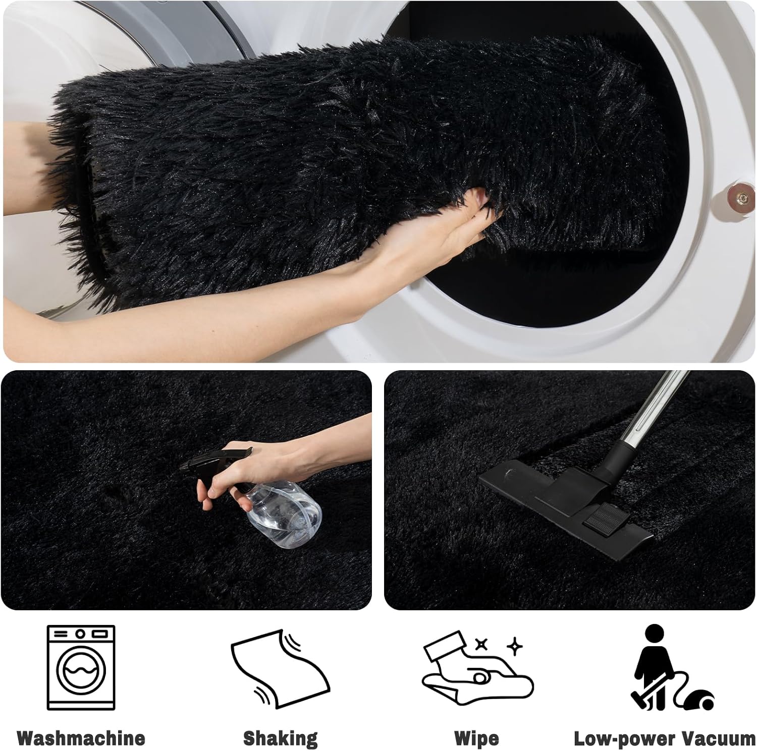 Soft Fluffy Area Rug for Bedroom, Black Fuzzy Shaggy Oval Throw Rugs for Bedside, Non-Slip Cozy Plush Shag Carpet for Kids Room Nursery Dorm Living Room, 2.6 x 5.3 Feet