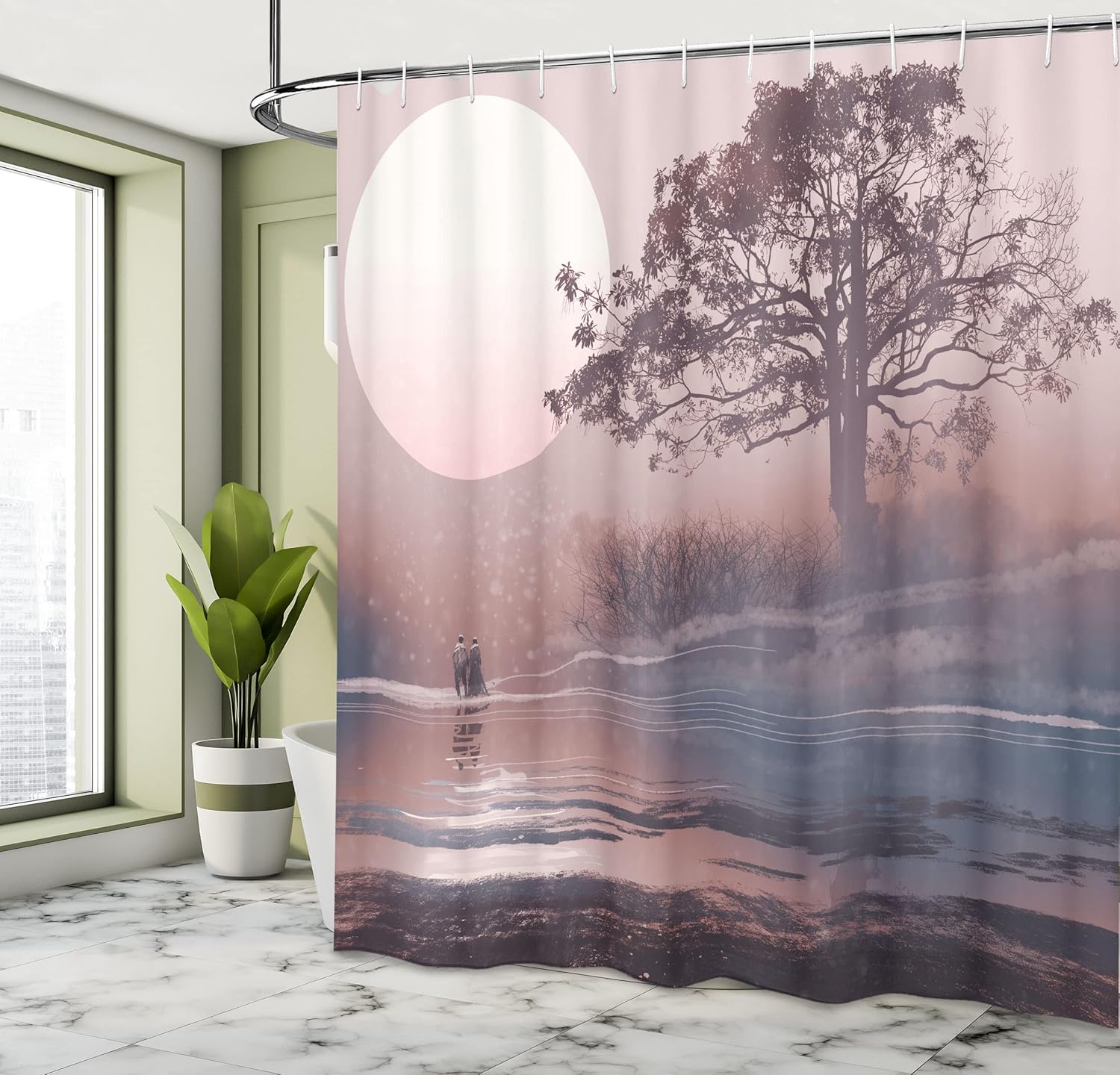 Ambesonne Fantasy Shower Curtain, Love Couple on The Horizon with Full Moon and Majestic Tree Over The Lake Romance Print, Cloth Fabric Bathroom Decor Set with Hooks, 69" W x 70" L, Mauve