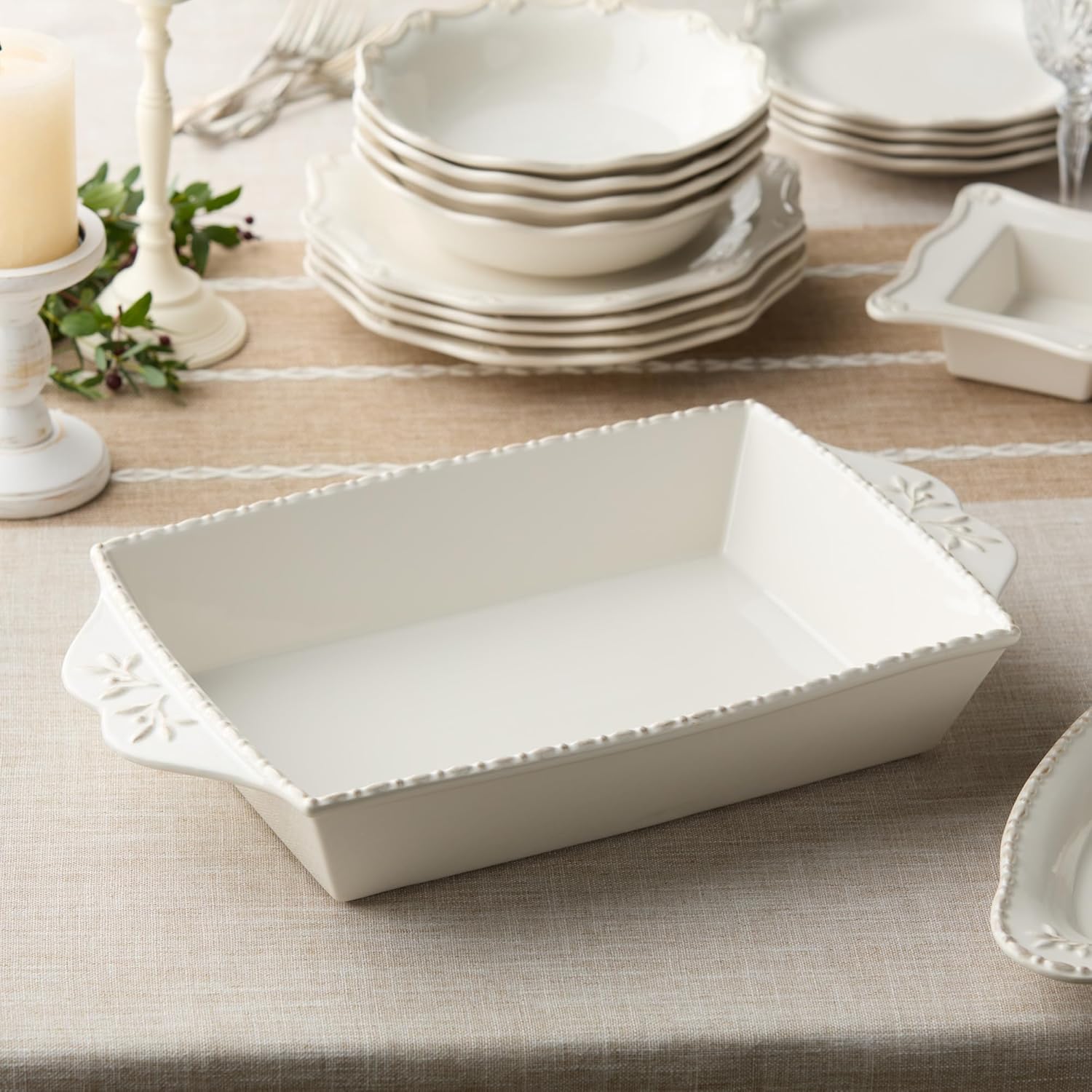 Heritage Rectangular Baker 16" x 10.25" 144oz – Ivory Stoneware Baking Dish with Embossed Leaf Handles & Beaded Rim – Farmhouse Oven-to-Table Serveware for Casseroles, Lasagna, Roasts