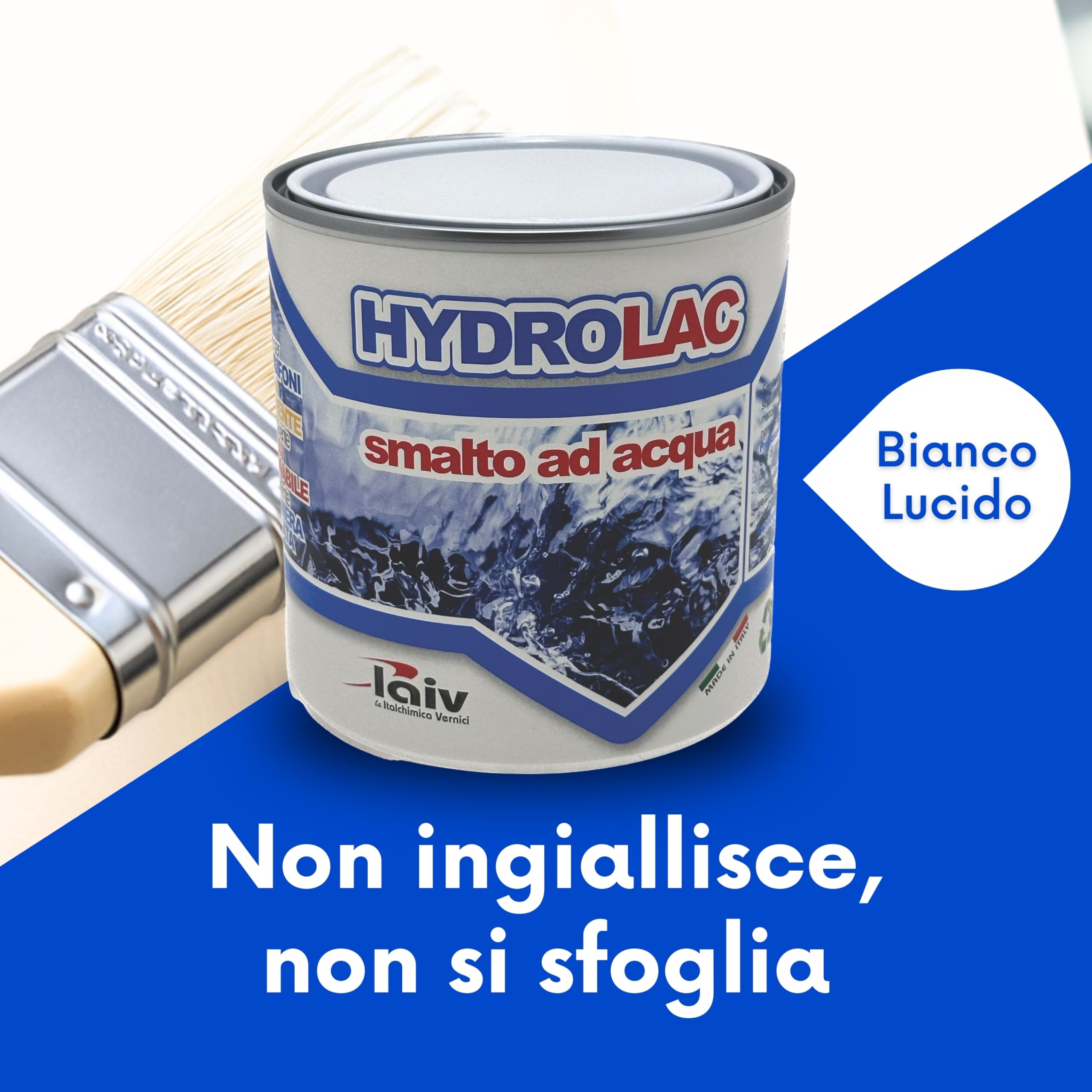 laiv Smalto Acrilico all'Acqua per Interni ed Esterni – 2,5 LITRI - Inodore, Rapida Essiccazione, Non Infiammabile – Uso Professionale Ecologico - Hydrolac - Bianco Lucido