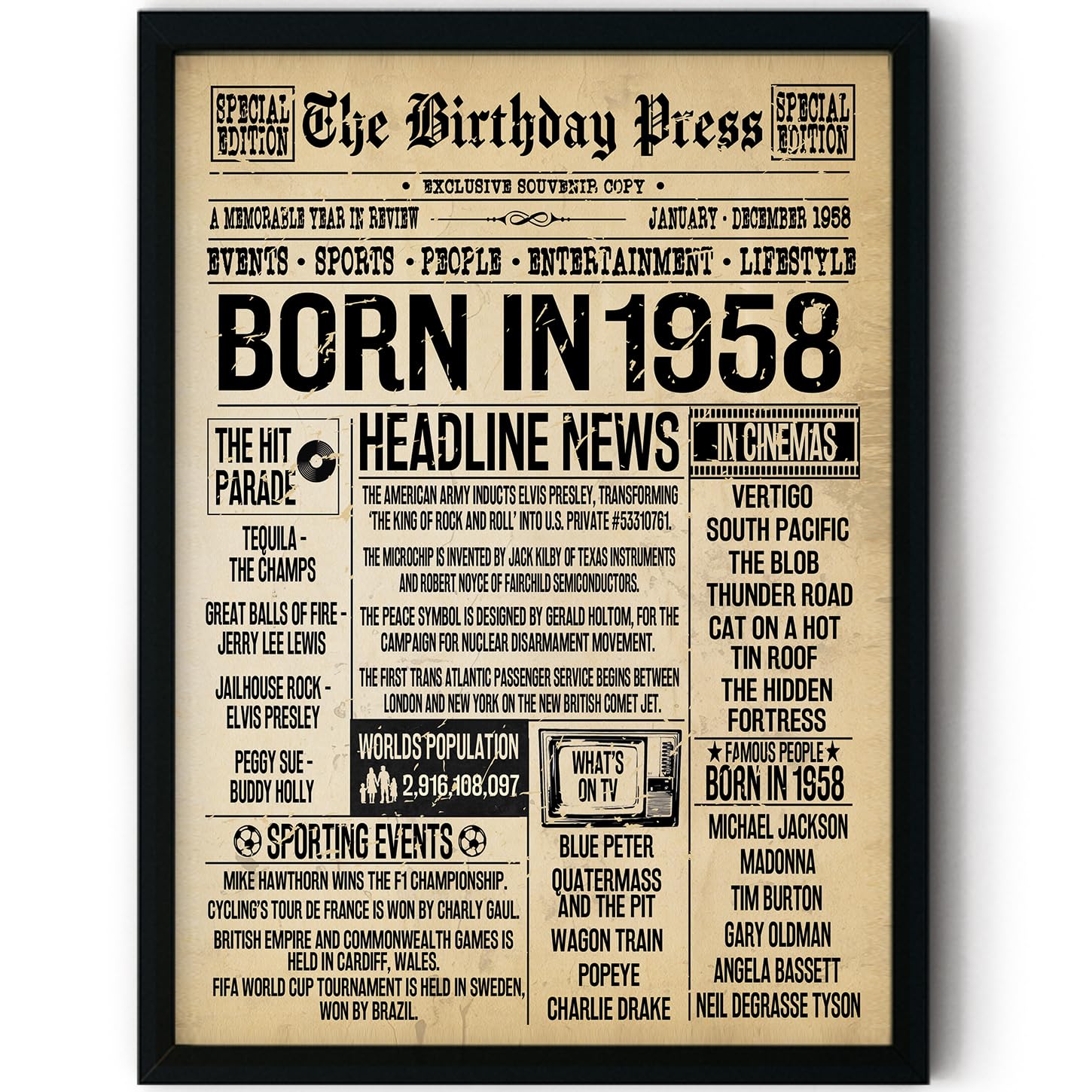 Stuff4 Women's 1958 68Th Birthday Poster Framed - Born In Vintage Newspaper - Happy 68Th Birthday Gifts For Men Retro Back In 8X10 Inch Decor Decoration Bday Party