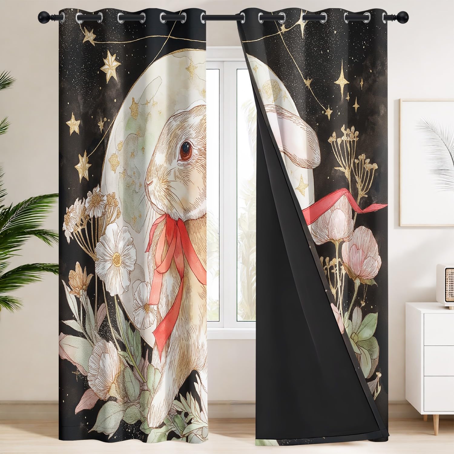 Genérico cuento de hadas onírico - Cortina opaca con flores, rodeada, diseño de conejo con estrellas, cortinas térmicas, ventana, decoración con ojales para salón, dormitorio, 140 x 240 cm, 2 paneles