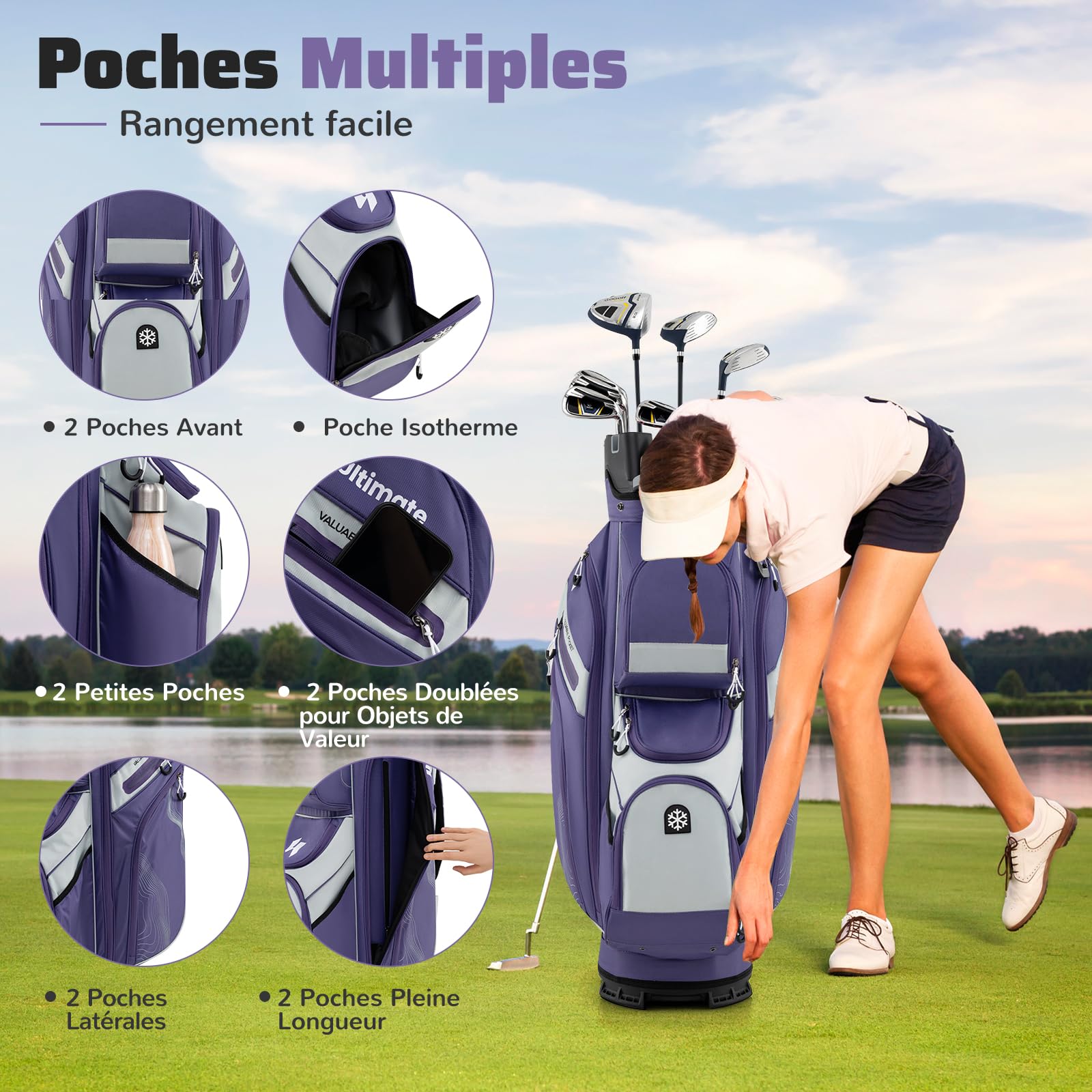 COSTWAY Sac de Golf avec 14 Compartiments, Sac de Club de Golf Portable avec Fermeture à Glissière 11 Poches Sac Isotherme Sangle Rembourrée Poignées Porte-Parapluie Housse de Pluie
