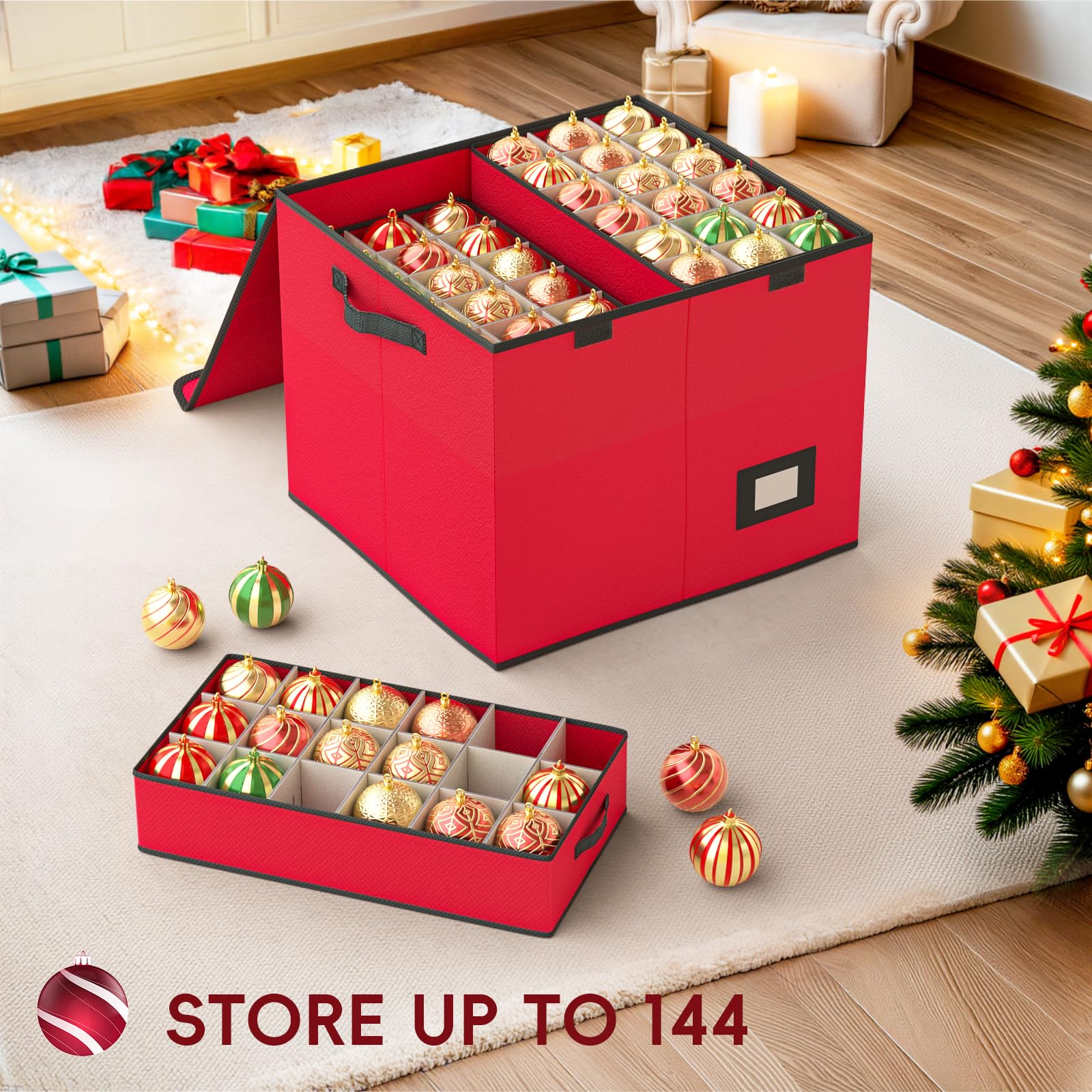 Bomclap Scatola portaoggetti per palline di Natale, con 144 divisori, grande contenitore natalizio con coperchio flip top per decorazioni natalizie e decorazioni (rosso)