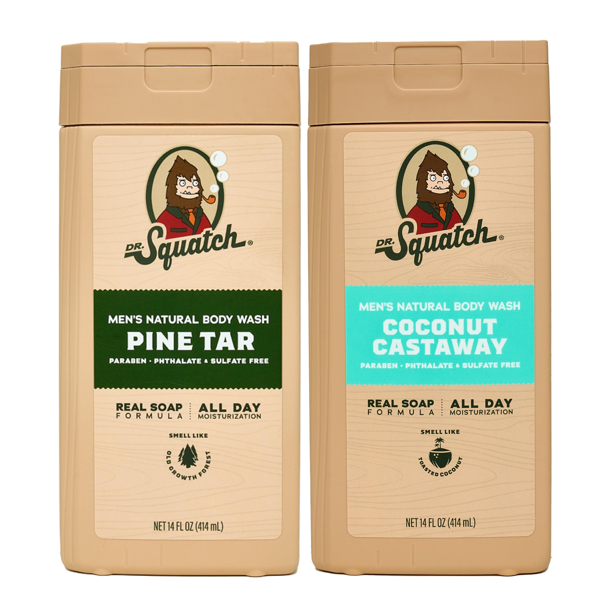 Dr. Squatch NEW Natural Body Wash for Men - Exfoliating and Non-Exfoliating - Pine Tar + Coconut Castaway (14 oz, 2 Pack)