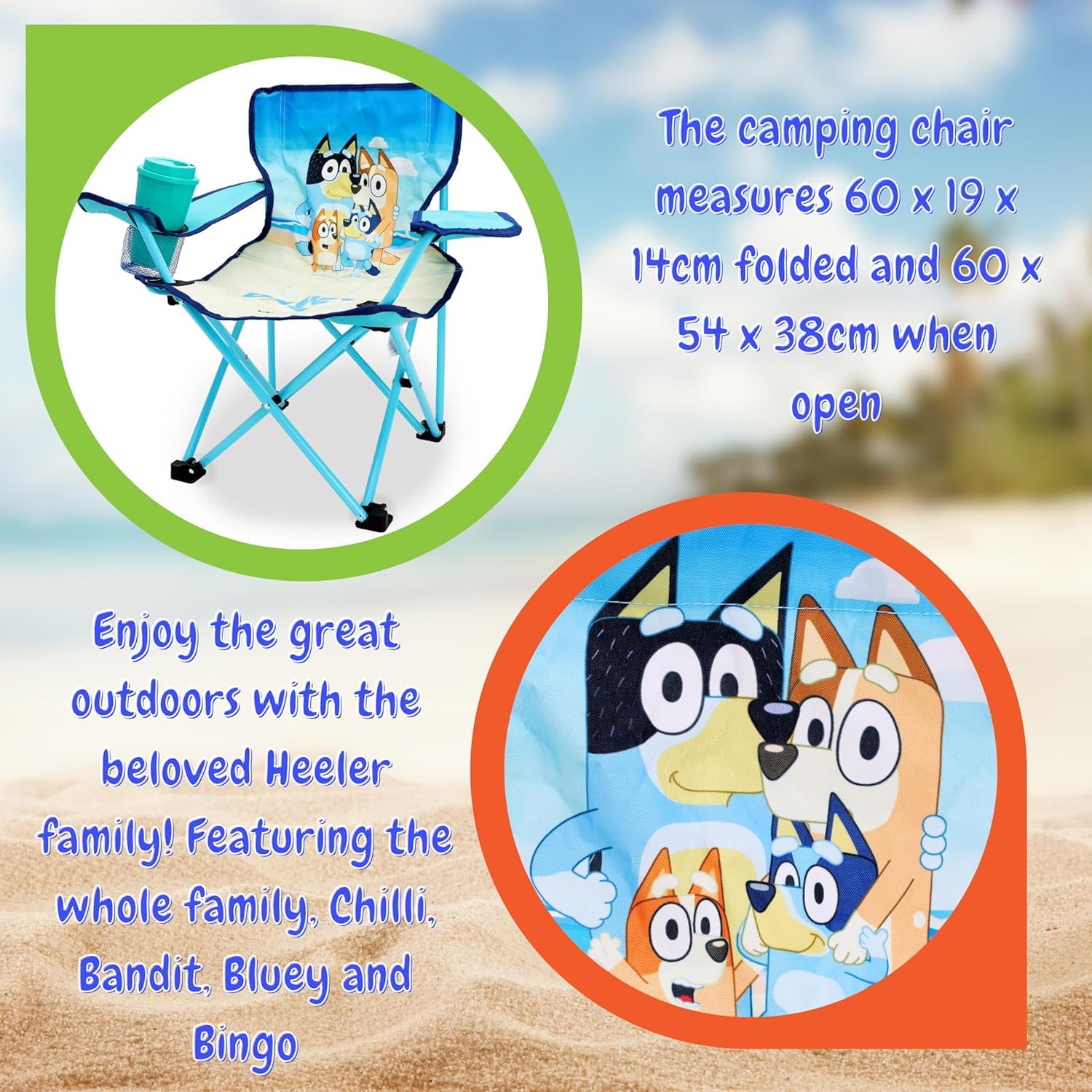 Toyland® Bluey & Bingo sedia da campeggio pieghevole per bambini con portabicchieri e borsa portaoggetti - Perfetta per gite in campeggio, spiaggia e giardino