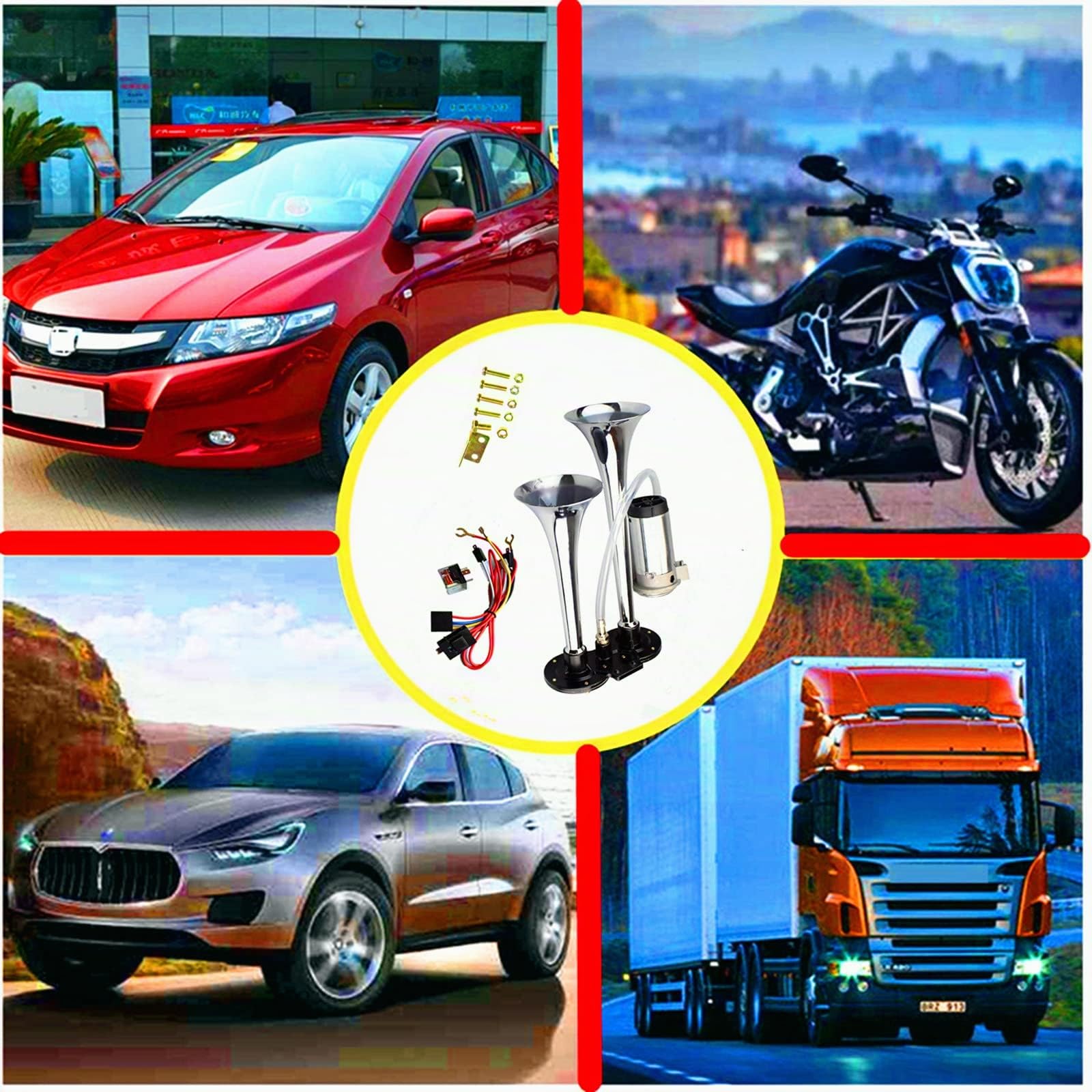 Bocina de aire para camión Car Horn 150dB bocina de aire para automóvil cromo zinc doble trompeta bocina plateada con compresor bocina para automóvil Air Horn para 12V barco camión tren etc