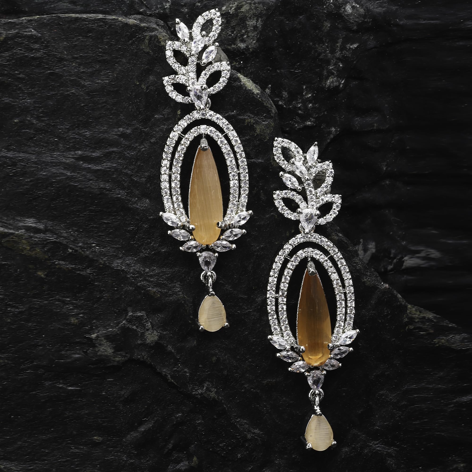 Rhodium-Plated American Diamond Drop Earrings