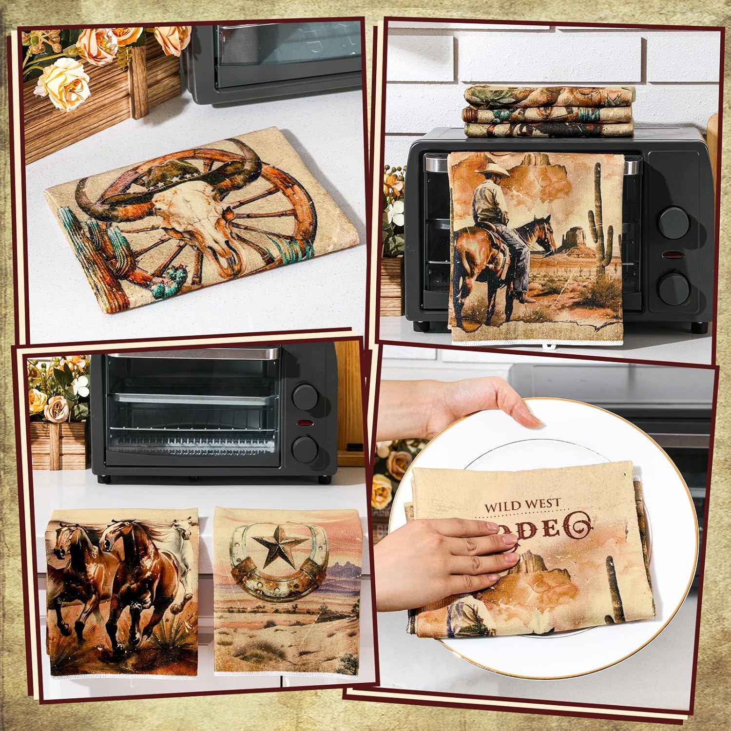 Sunnyray 6 Pcs Kitchen Towels Dish Cloths Nature Modern Absorbent Hand Tea Wash Cloth with Hanging Loop for Bathroom Home Farmhouse Kitchen Gifts(Vintage,Horse) - Image 6