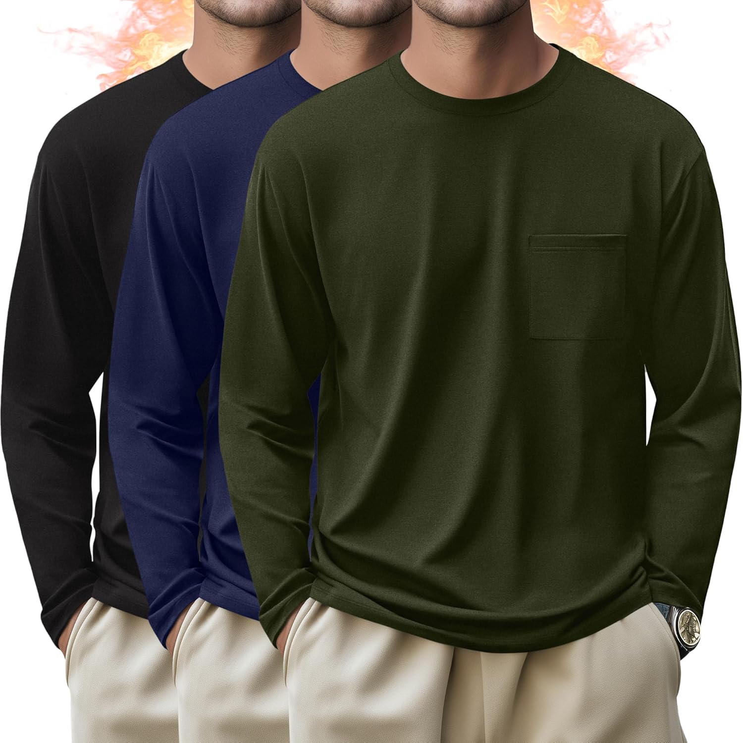Evervibe 3 Pack Men's Big and Tall Long Sleeve Shirts Thermal Pocket T-Shirt Crew Neck Fleece Top Slim Fit Casual Tee