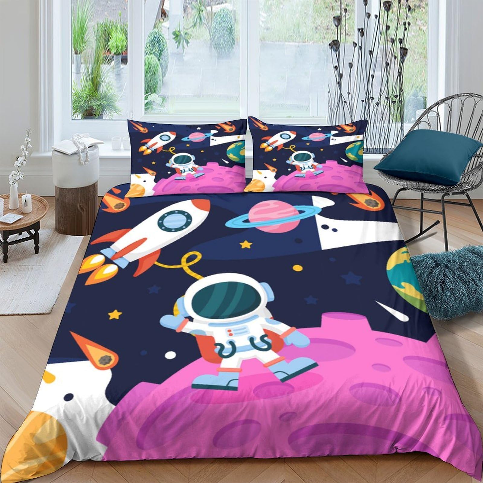 GPLZQXKJNH 3D Printed Space Rocket Duvet Cover Microfiber Soft Astronaut Galaxy Bedding Set with 2 Pillowcases for Bedroom Decor Single（135x200cm）