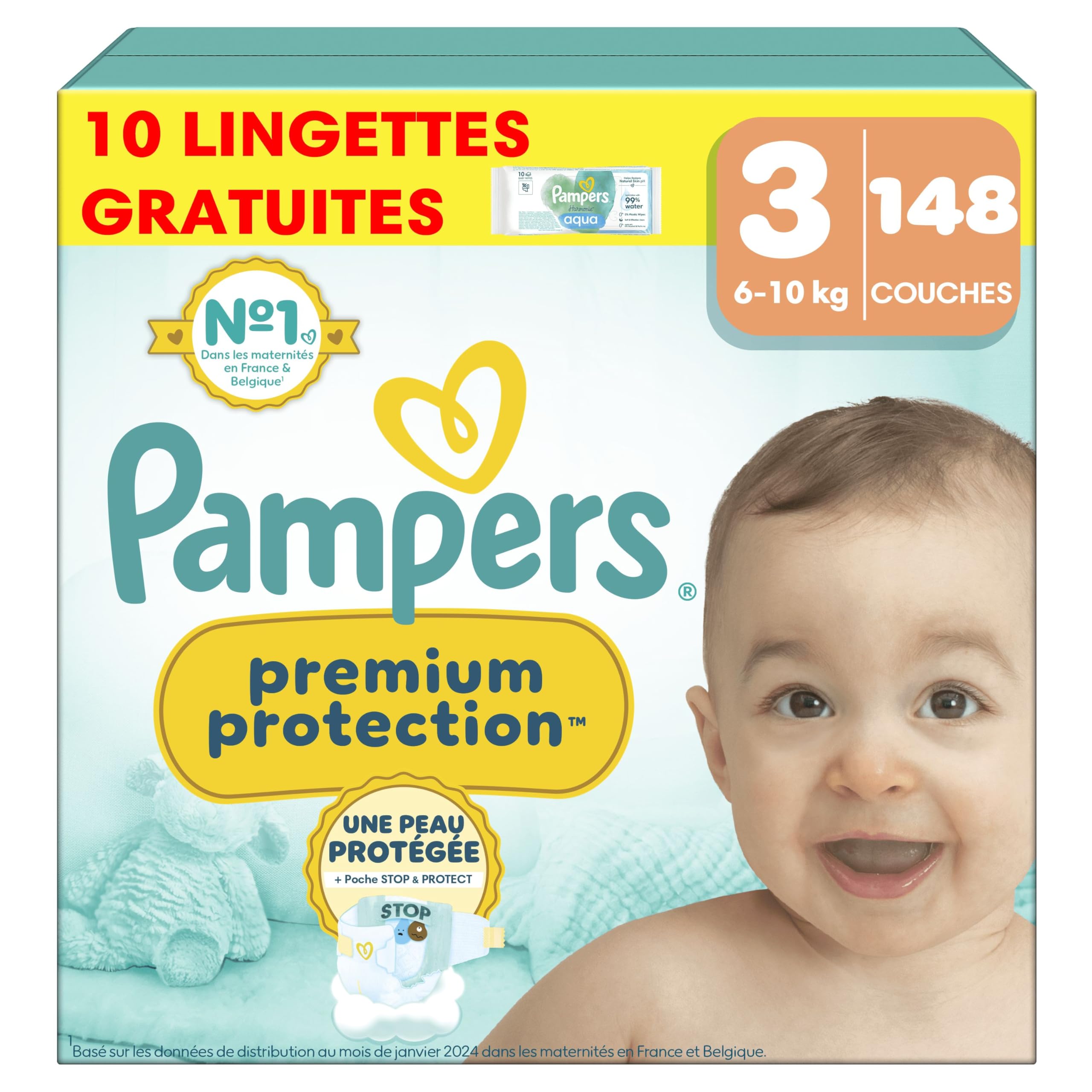 Pampers Premium Protection Taille 3, 148 Couches, 6-10kg, Double Protection