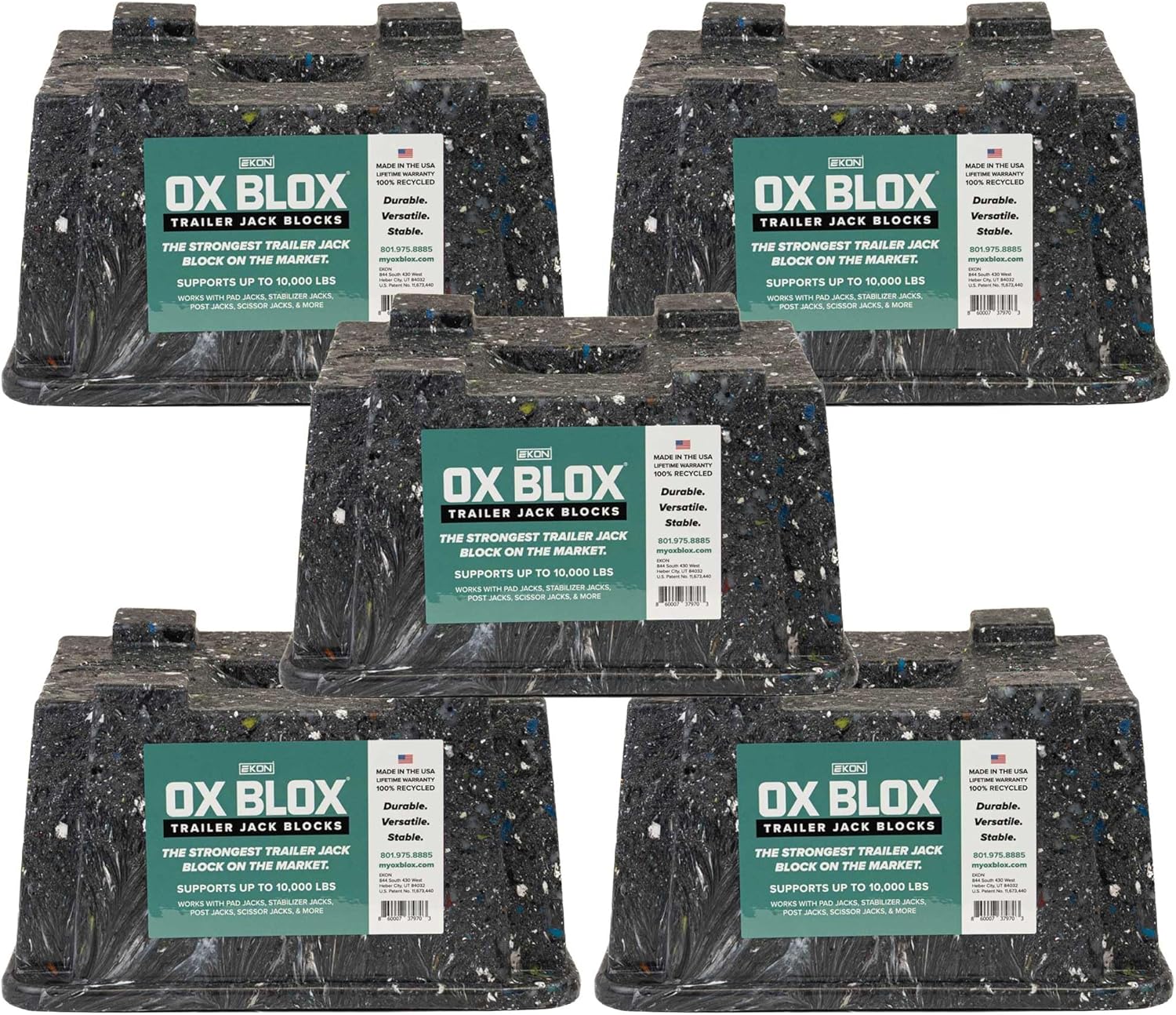 5-Pack OX BLOX Heavy Duty Trailer Jack Block - Made in USA RV Leveling Blocks - Supports Up to 10,000 lbs - RV Jack Blocks for Any Tongue Jack, Post, Foot, or Stabilizer (Round or Square)