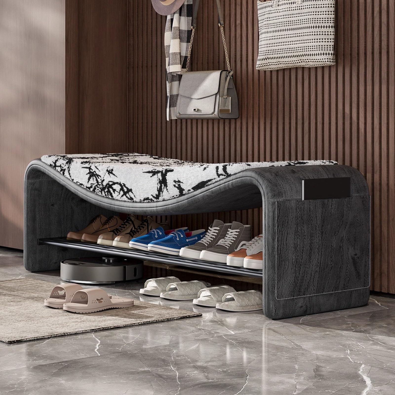 Banc à chaussures rembourré pour ranger l'entrée sans encombrer le salon