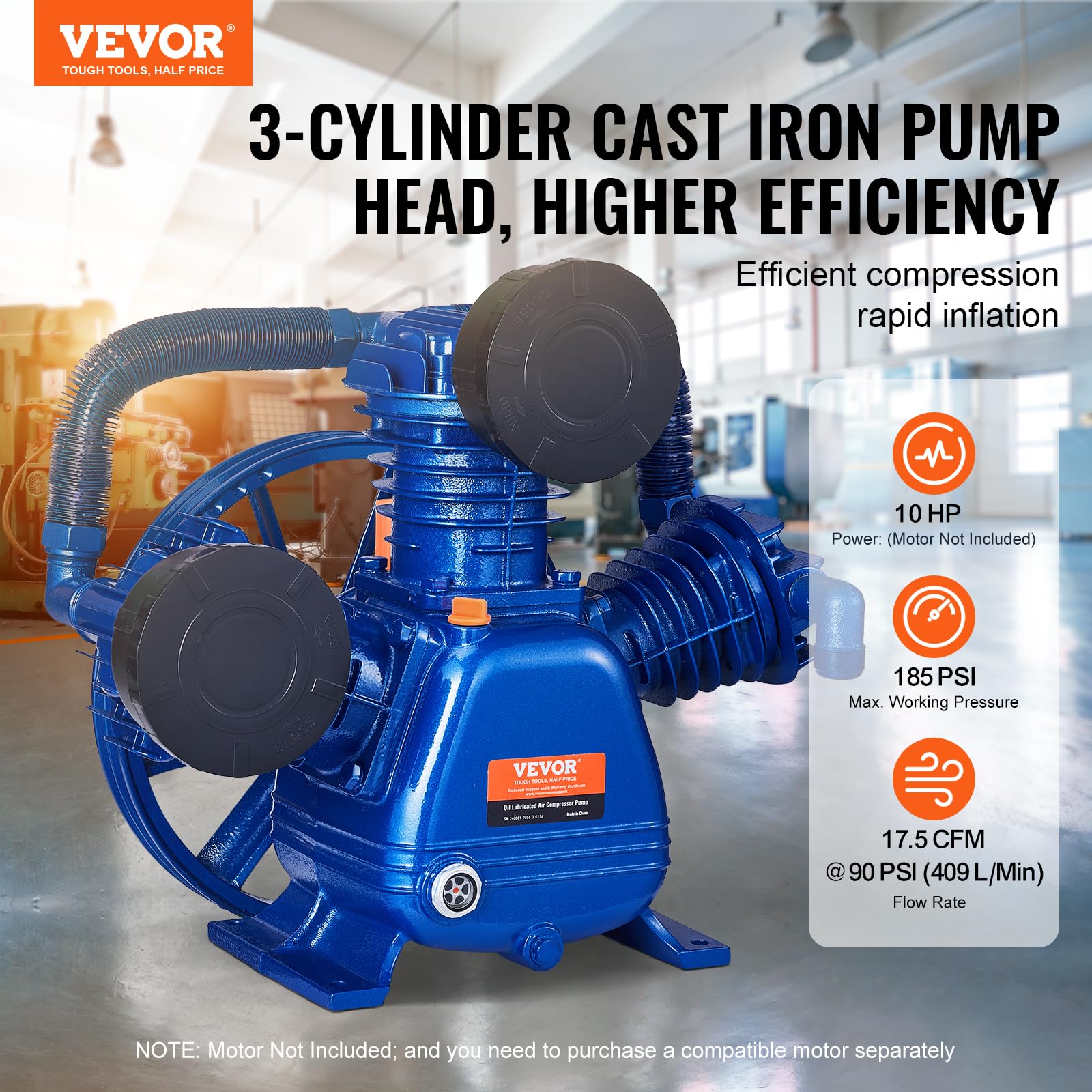 VEVOR Cabezal de Bomba de Compresor de Aire, 10 HP, 17,5 CFM, 185 PSI, Doble Etapa, Hierro Fundido
