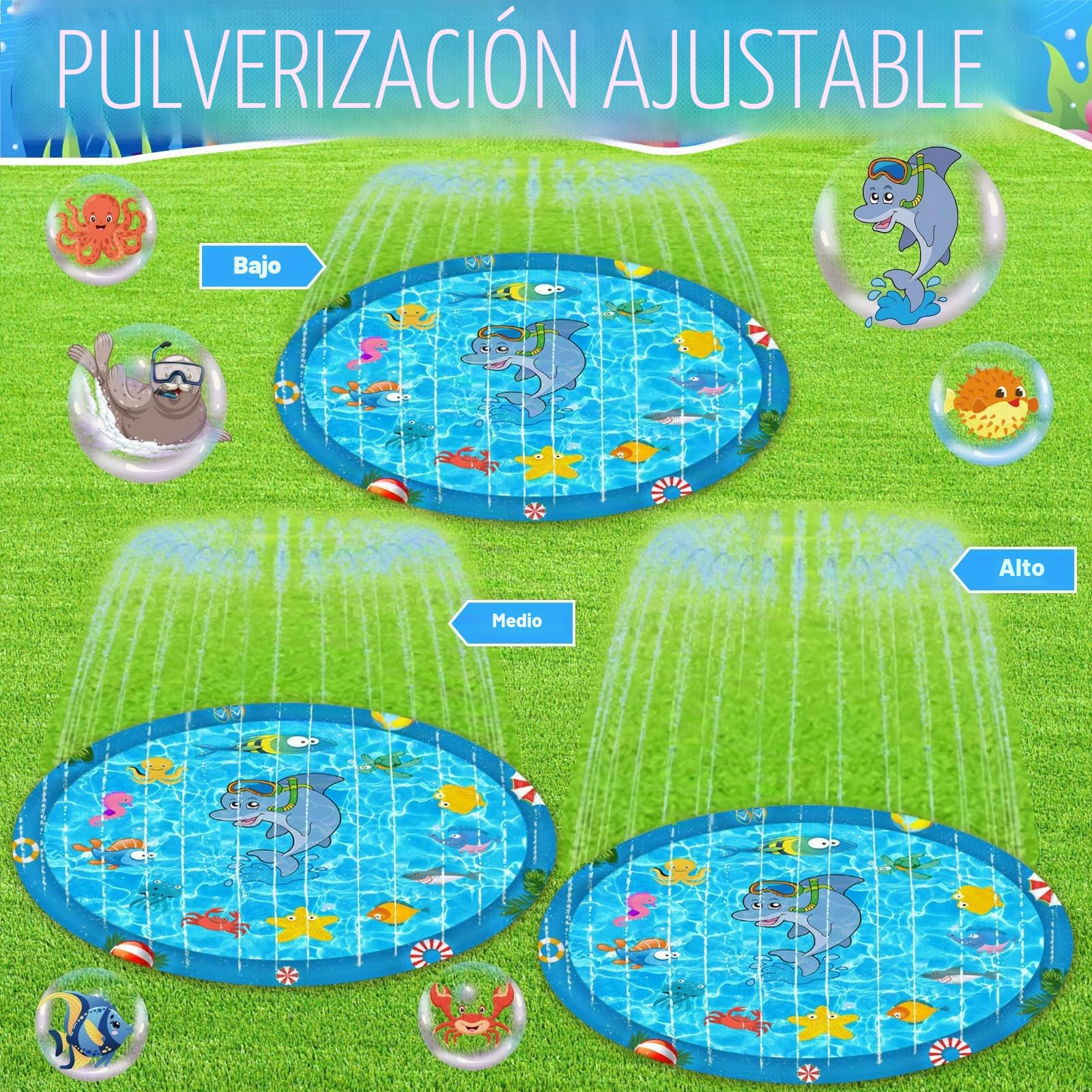 Splash Pad, 170cm Aspersor para Niños, Patrón De Animales Marinos Juegos Exterior Niños, PVC Juegos Piscina Aspersor para Niños Apto para Niños Y Mascotas De 3 A 6 Años