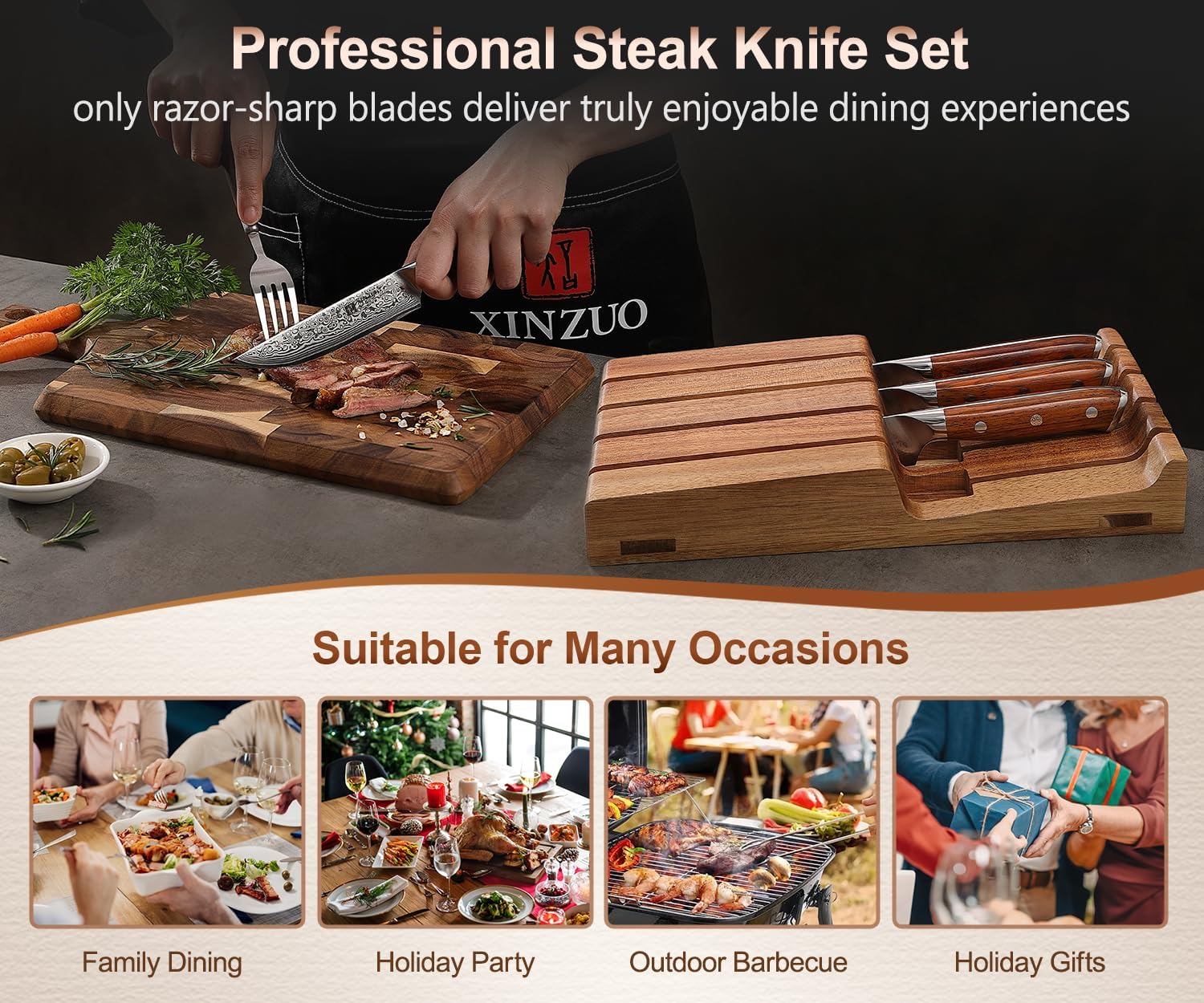 XINZUO 5Pcs Steak Knives Set, Non Serrated Dinner Knives with Drawer Knife Holder,67-layer Damascus Steel Kitchen Knife with Rose Wood Handle, Acacia Wood Knife Block