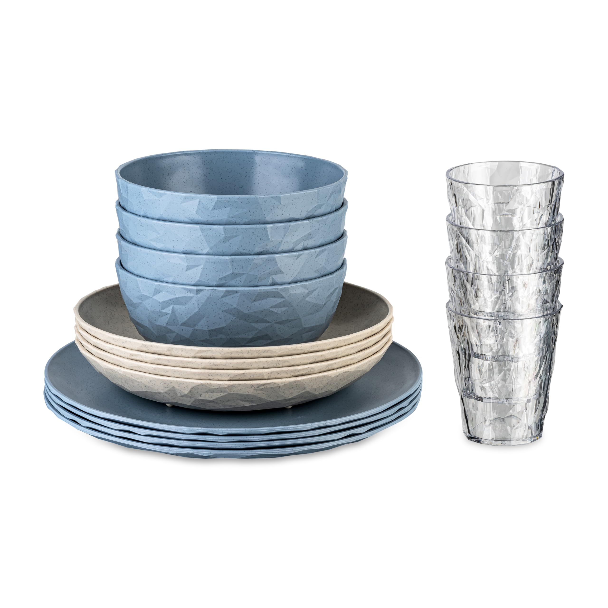 Koziol CLUB SET GÖTEBORG Geschirrset | 16 Teile, bruchfest, stapelbar | biozirkulärer Kunststoff, spülmaschinengeeignet, melaminfrei | Camping, Picknick, Outdoor (nature flower blue)