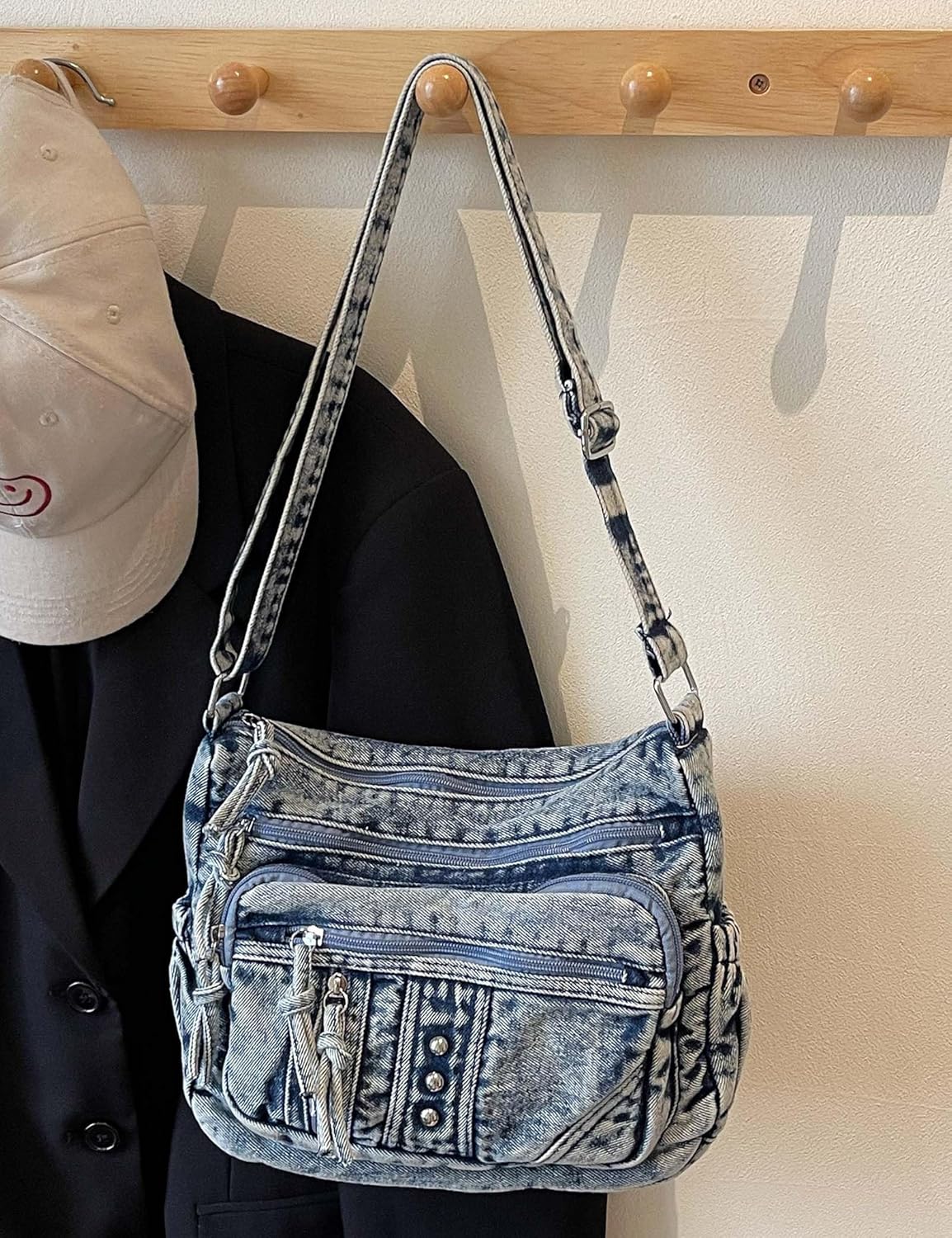 Vintage Denim Crossbody Bag for Women, Adjustable Strap Jean Purse, Blue Casual Shoulder Handbag - Image 3