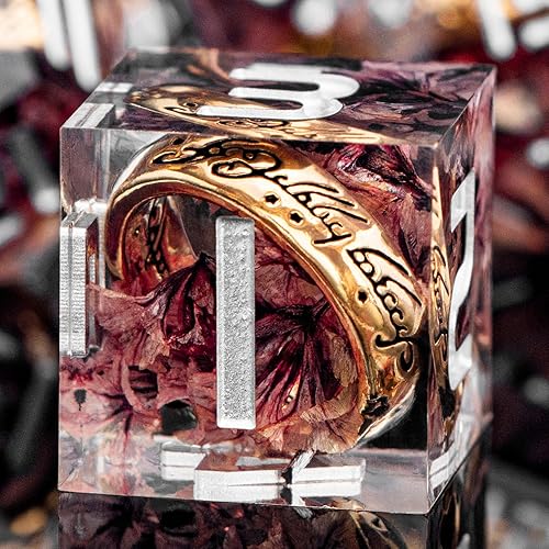 Juego de dados para DND de anillo dorado mágico de resina de borde afilado con funda, dados D y D de flor rosa para uso con juegos de rol D&D RPG,