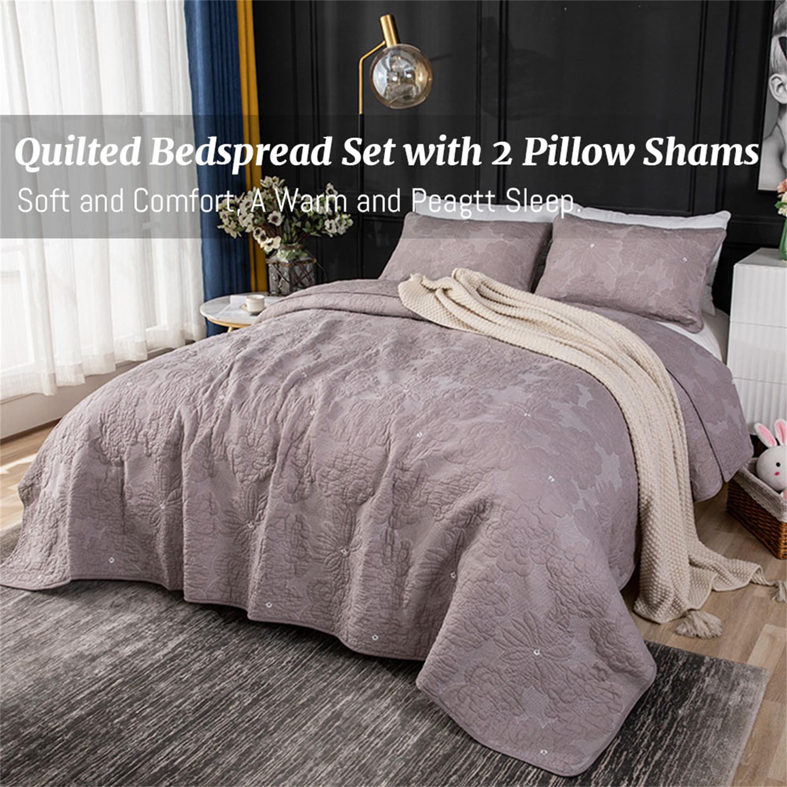Odot Colcha Verano para Cama 230/250, Colcha Bouti Fina con 2 Fundas de Almohada Colcha Acolchado Ligera Suave para Colcha Cubre Cama Multiusos (250 * 270+50 * 70cm,Gris-marrón)