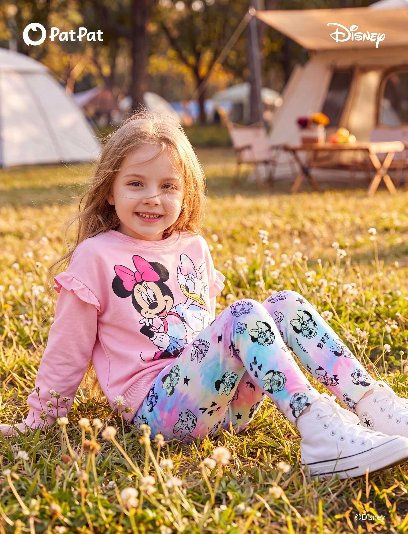 Disney Frozen Minnie Mouse Stitch Princess Herbst Kleinkind Mädchen Outfit 2-teiliges Mädchen Kleidung Langarm Sweatshirt und Leggings | Offizielles Lizenzprodukt, kräftiger Charakterdruck, Rüschen-Schulter, bequeme Passform, weiches Gefühl, leicht