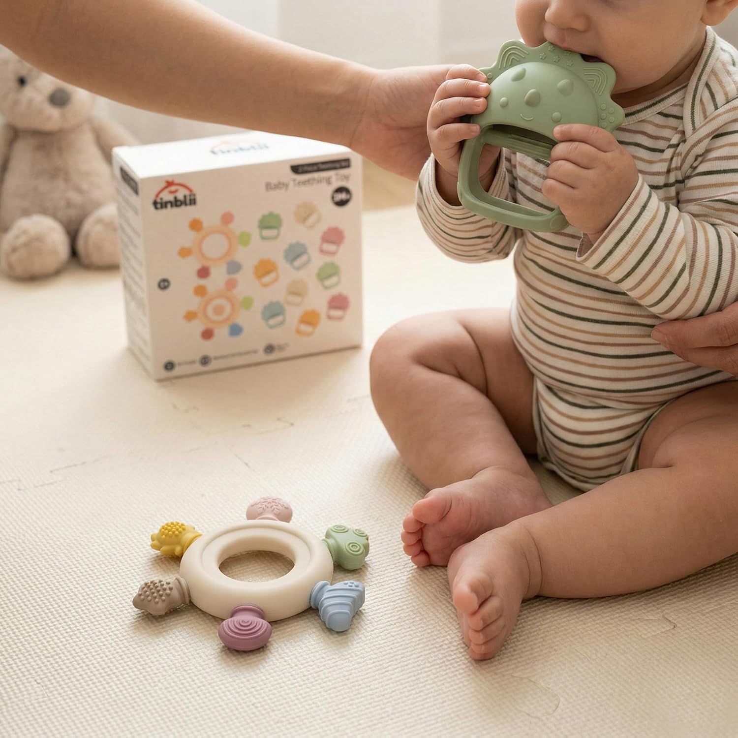 Baby Teething Toys 2 Pack, Dinosaur Mitten Teether and Ring Sun Teether with 6 Chewing Points, Silicone Chew Toys for Infants 0-6 6-12 Months, BPA Free Soothing Gum Relief Set (Green)